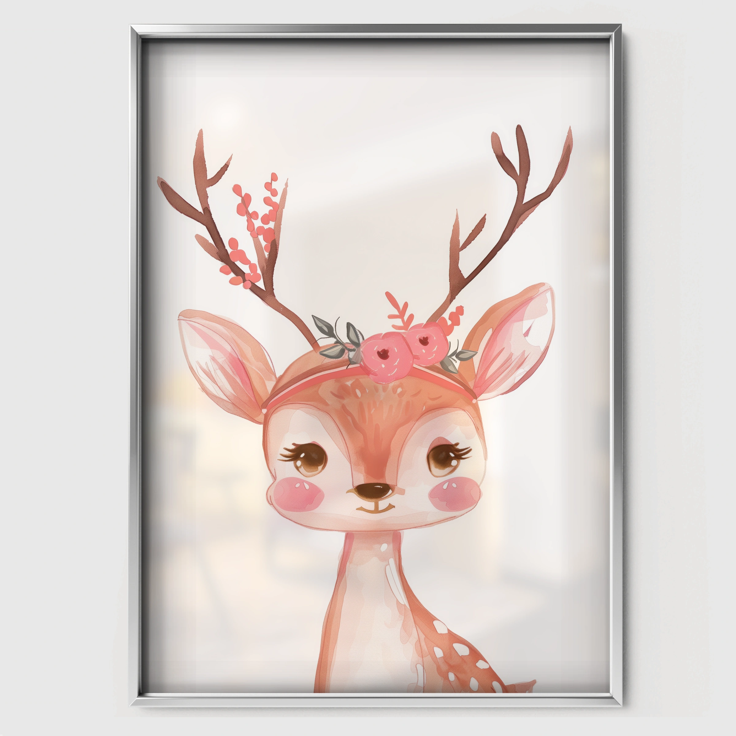 Deer with Flowers Nursery Print - white framed nursery wall art print