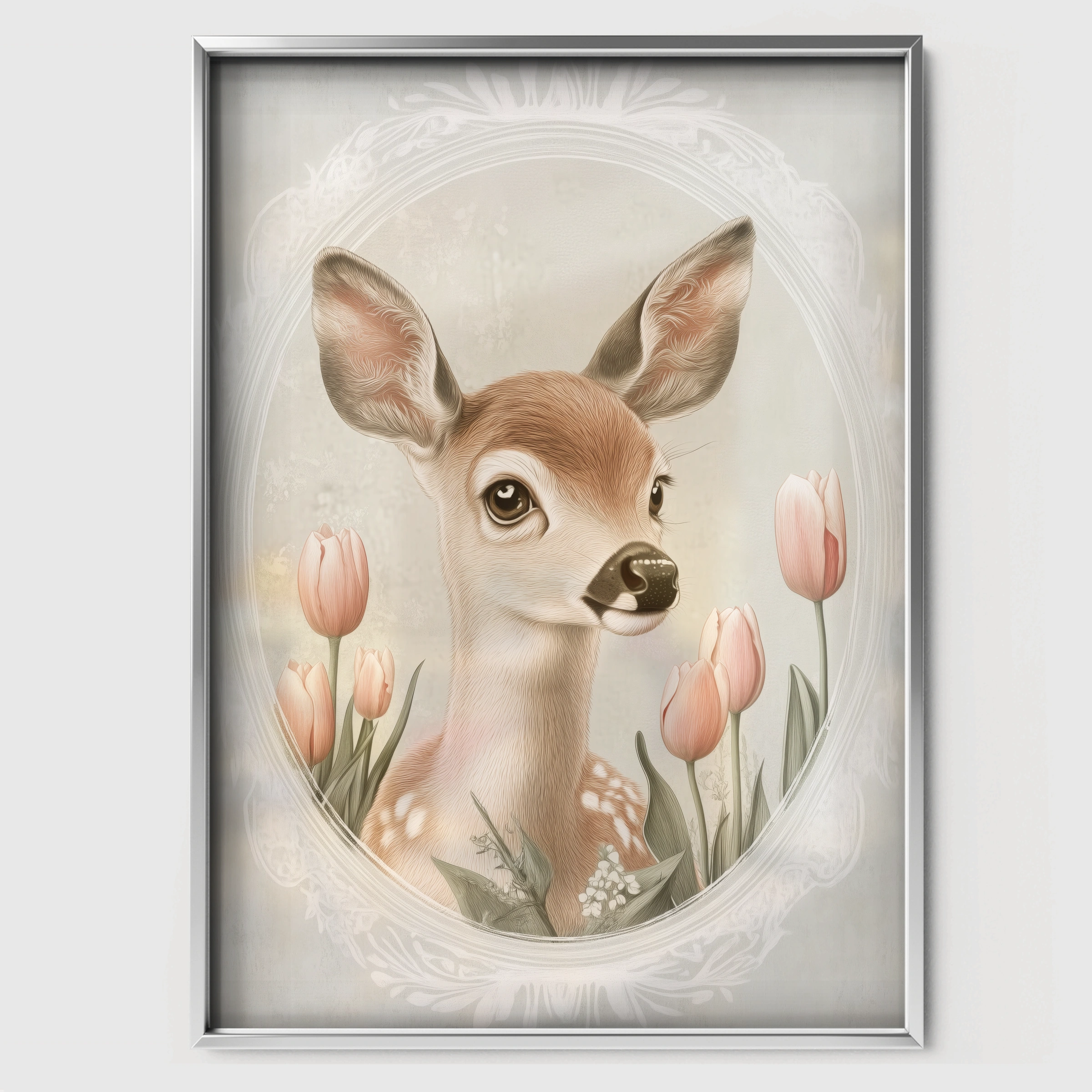 Deer with Tulips Nursery Print - white framed nursery wall art print