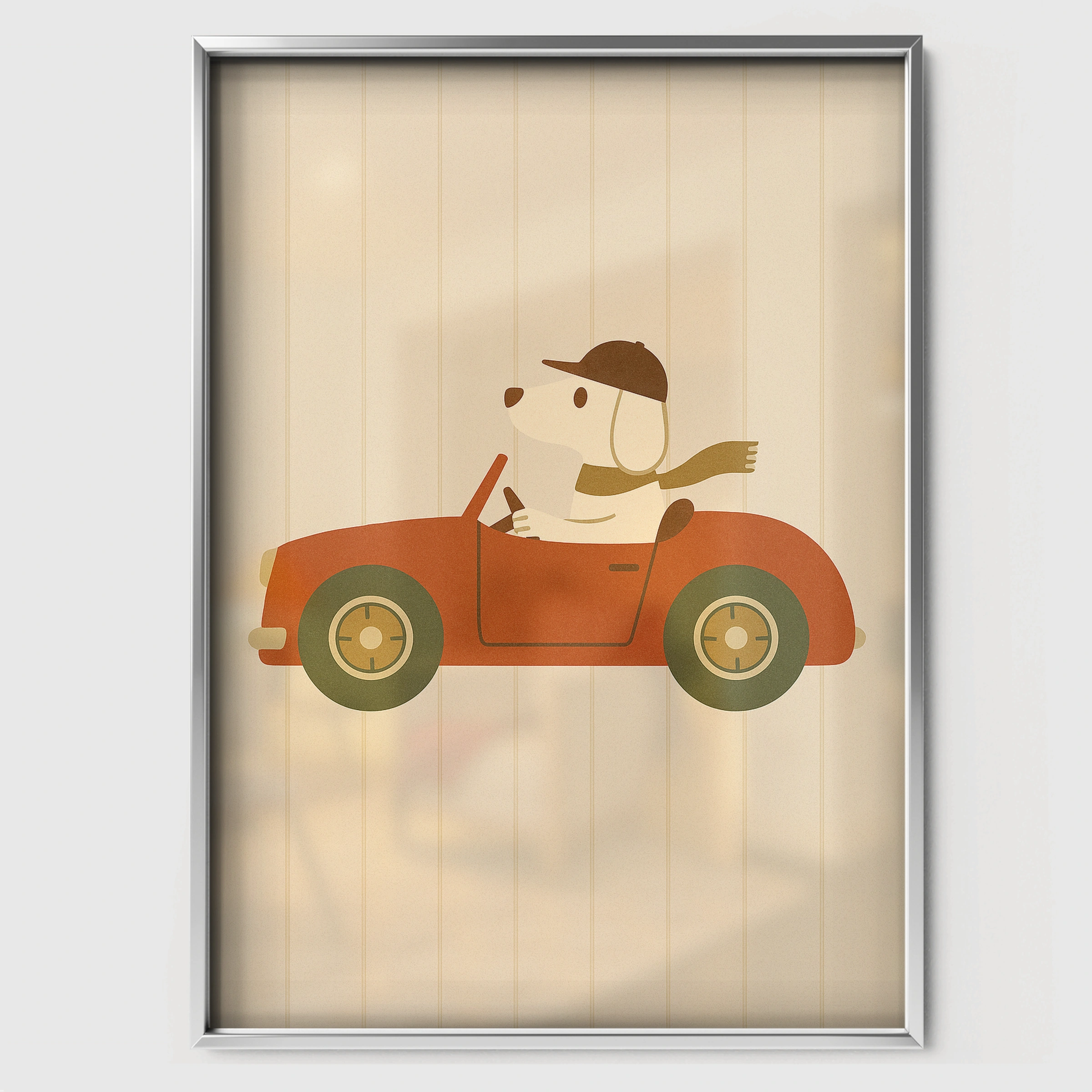 Dog Driving a Car Nursery Print - white framed nursery wall art print