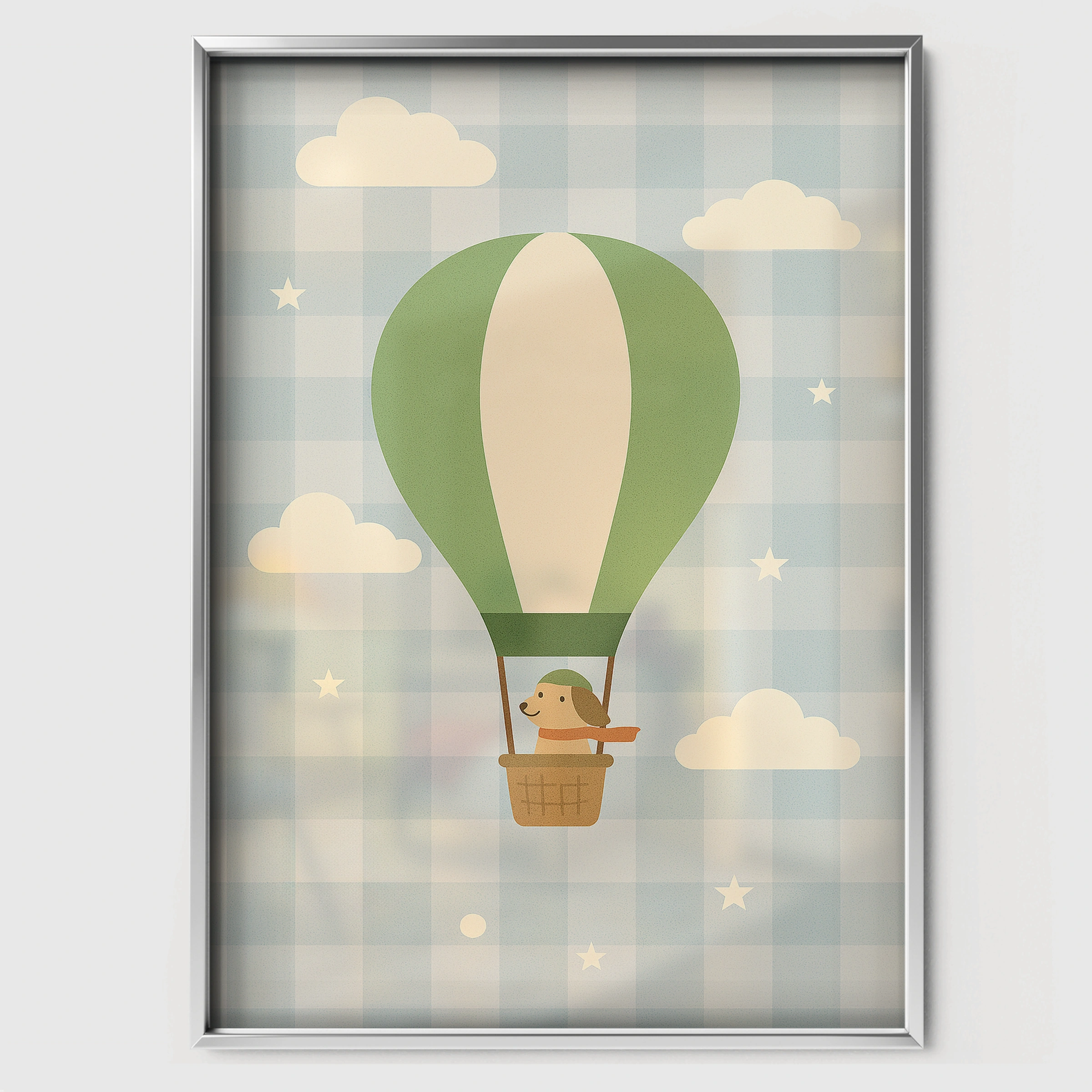 Dog Hot Air Balloon Nursery Print - white framed nursery wall art print
