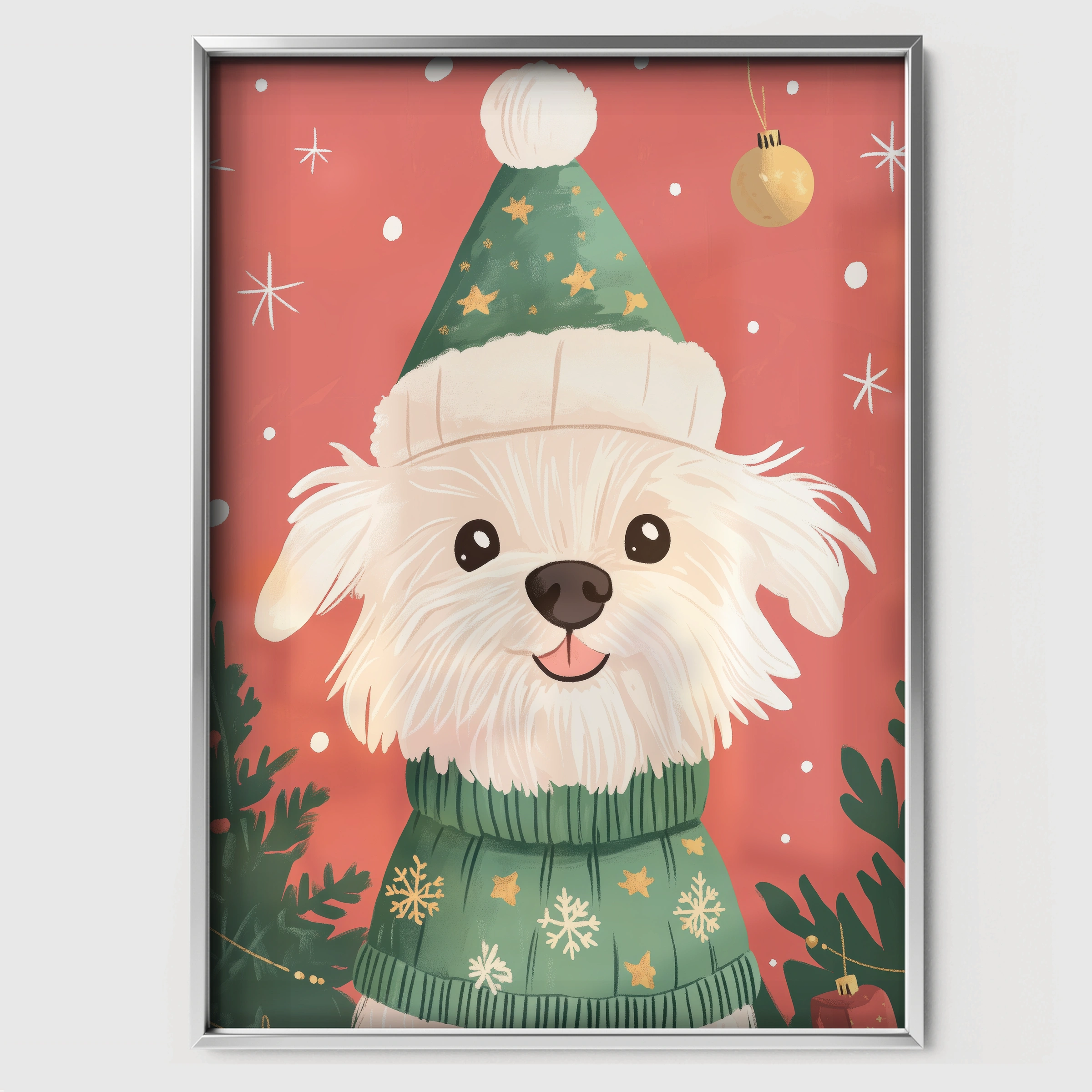 Dog in a Green Sweater Christmas Print - white framed nursery wall art print