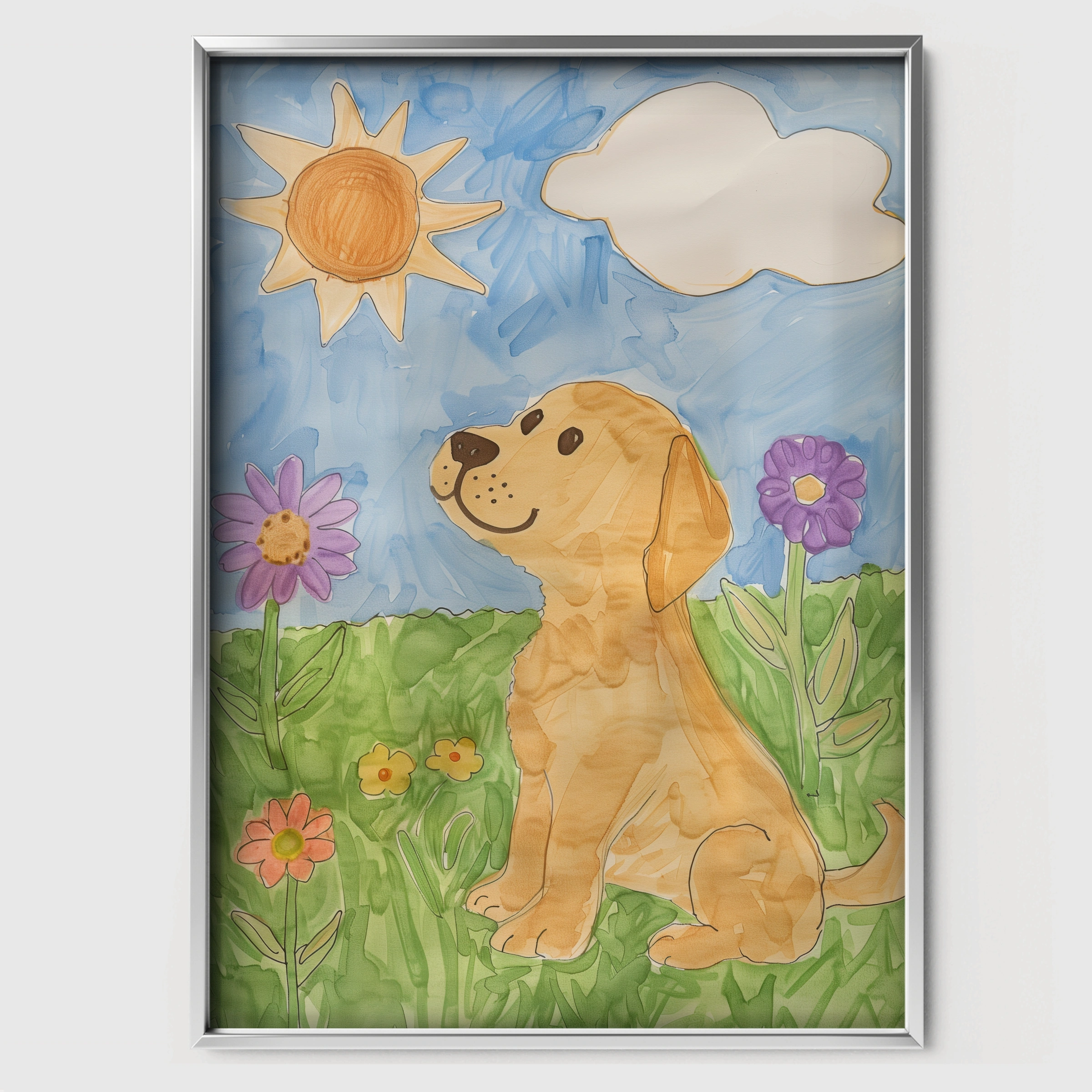 Dog in a Meadow Nursery Print - white framed nursery wall art print