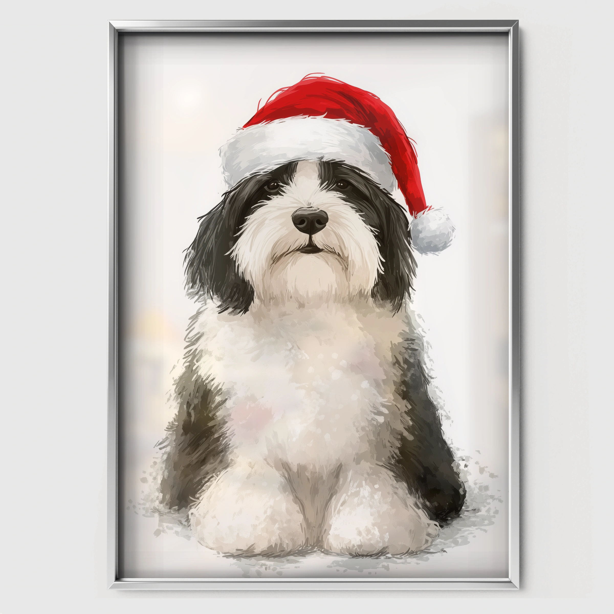 Dog in a Santa Hat Christmas Print - white framed nursery wall art print