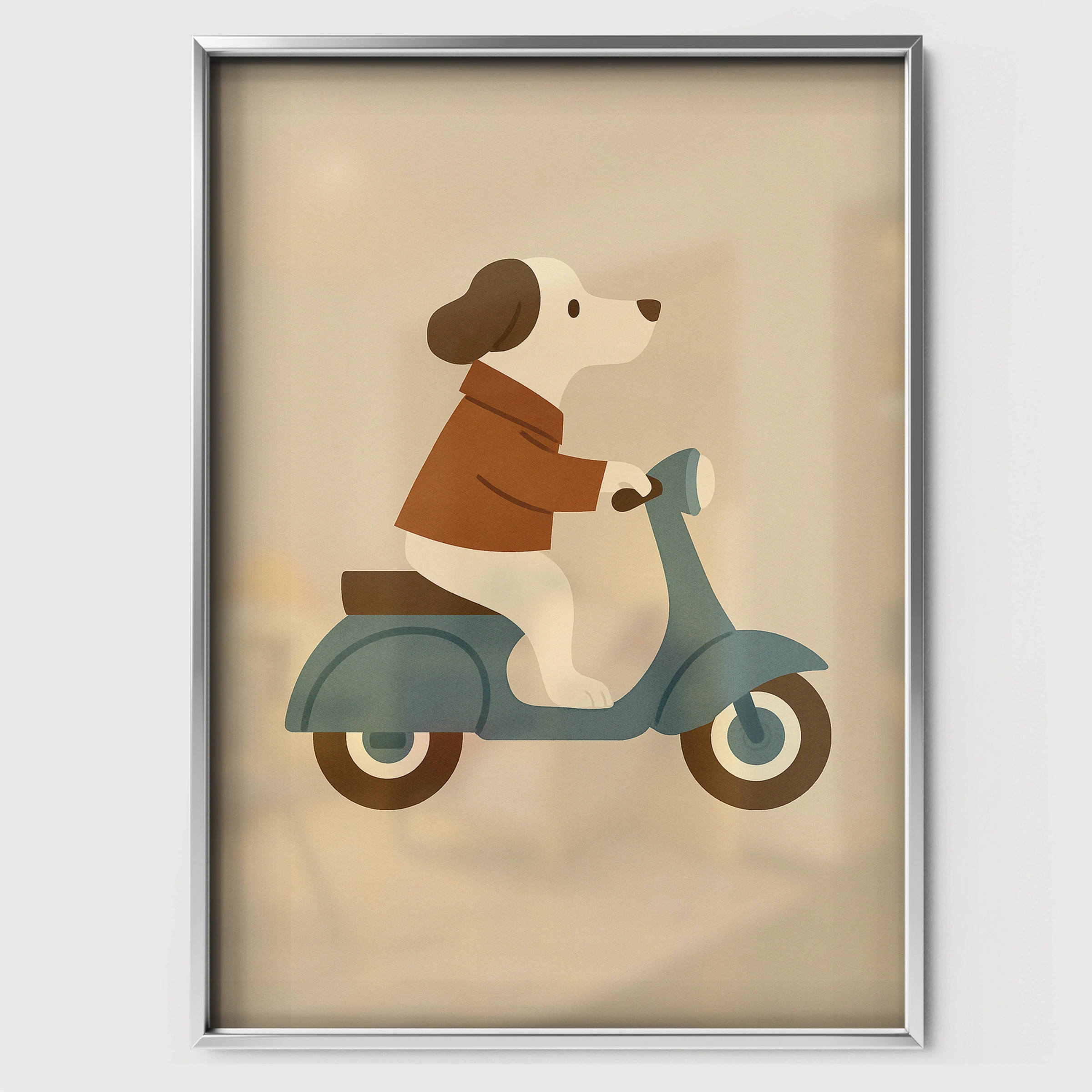 Dog on a Scooter Nursery Print - white framed nursery wall art print