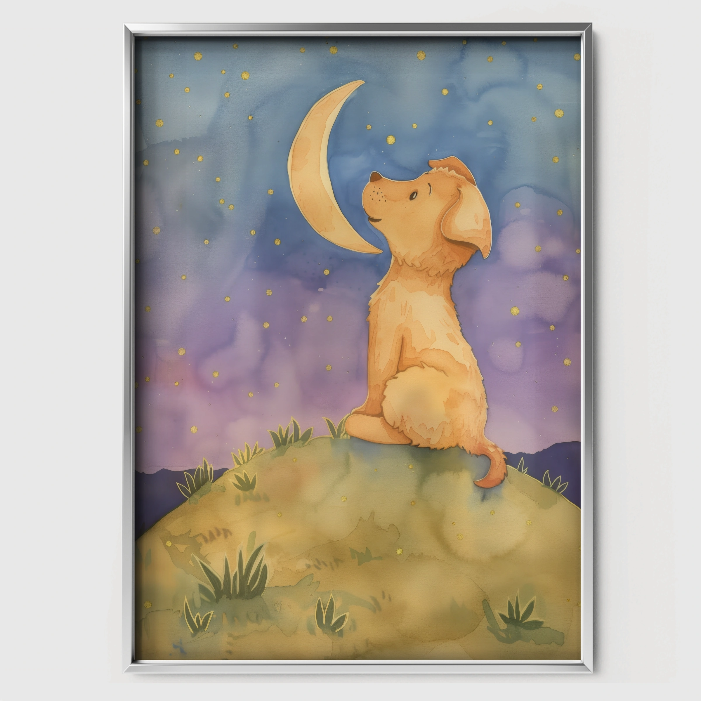 Dog Under the Moon Nursery Print - white framed nursery wall art print