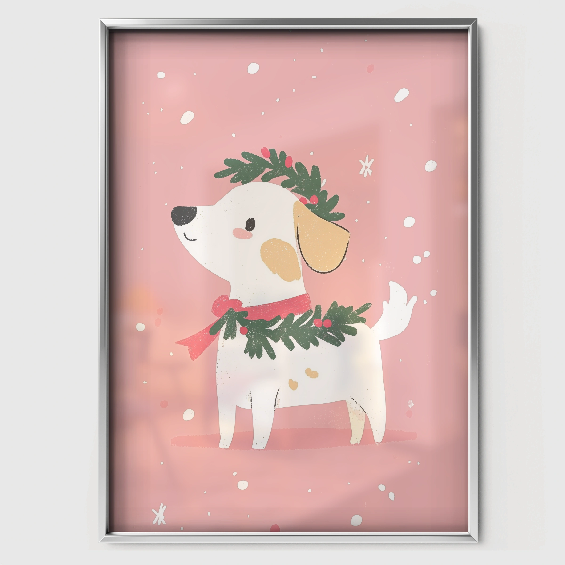 Dog with a Wreath Christmas Print - white framed nursery wall art print