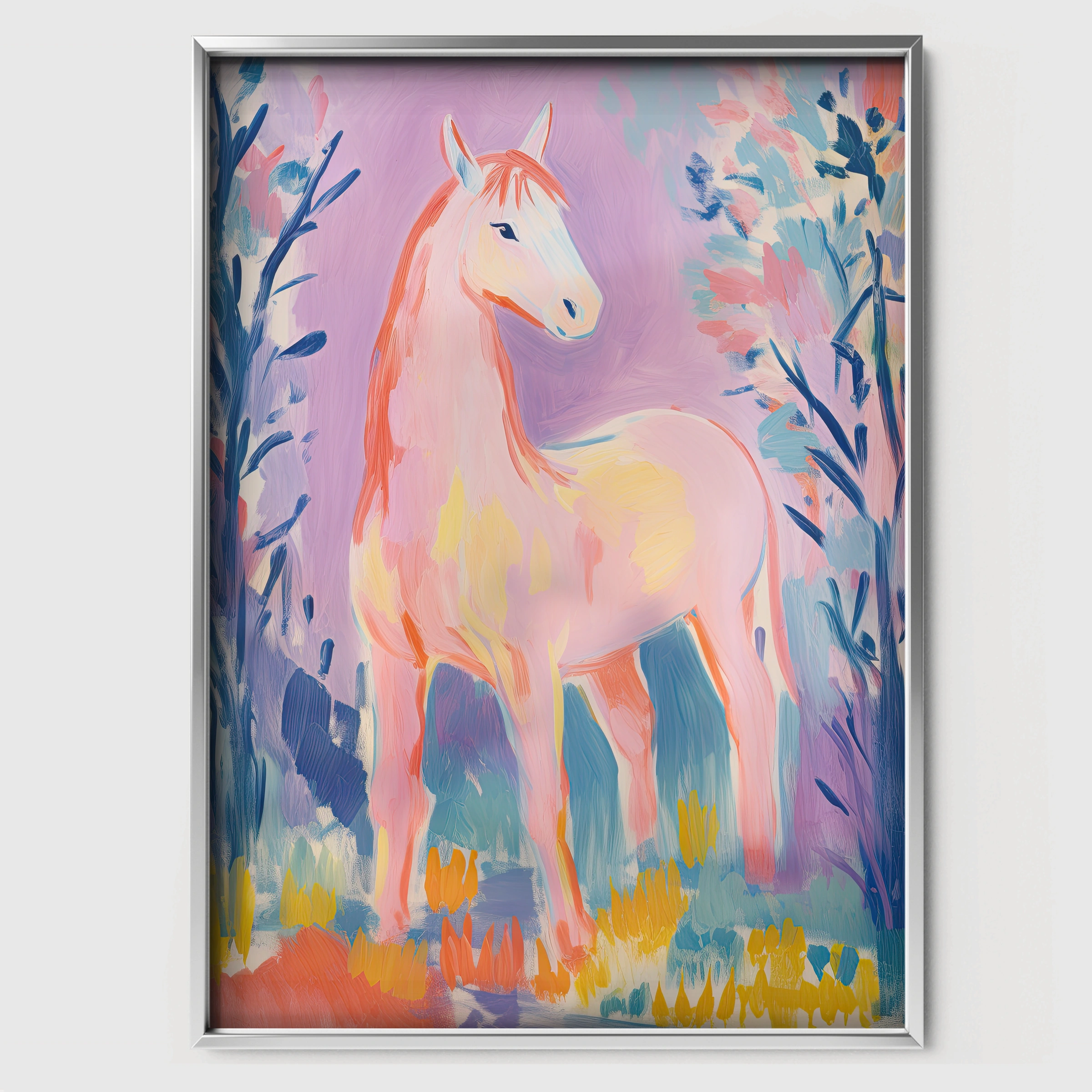 Dreamy Pink Horse Nursery Print - white framed nursery wall art print