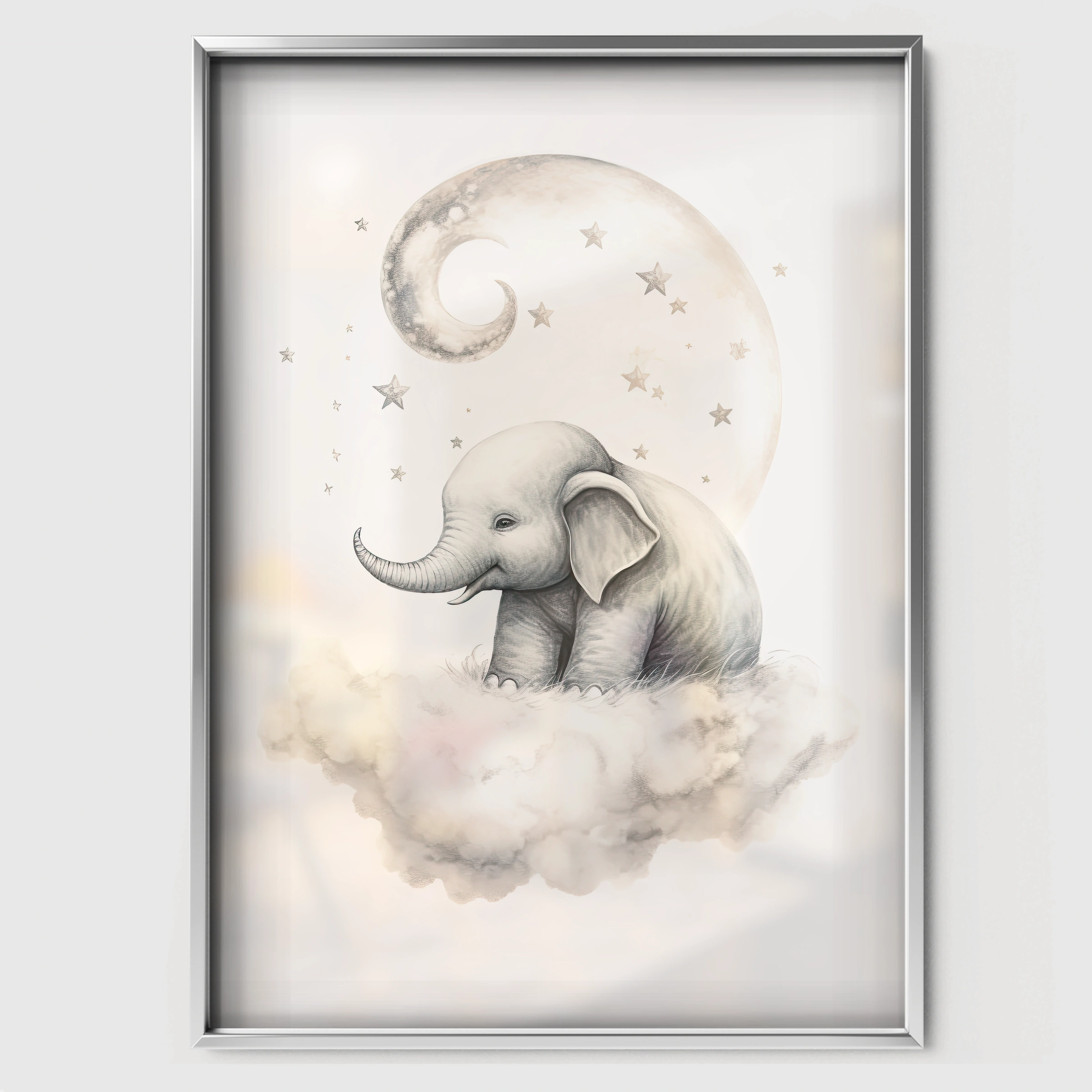 Elephant on a Cloud Nursery Print - white framed nursery wall art print