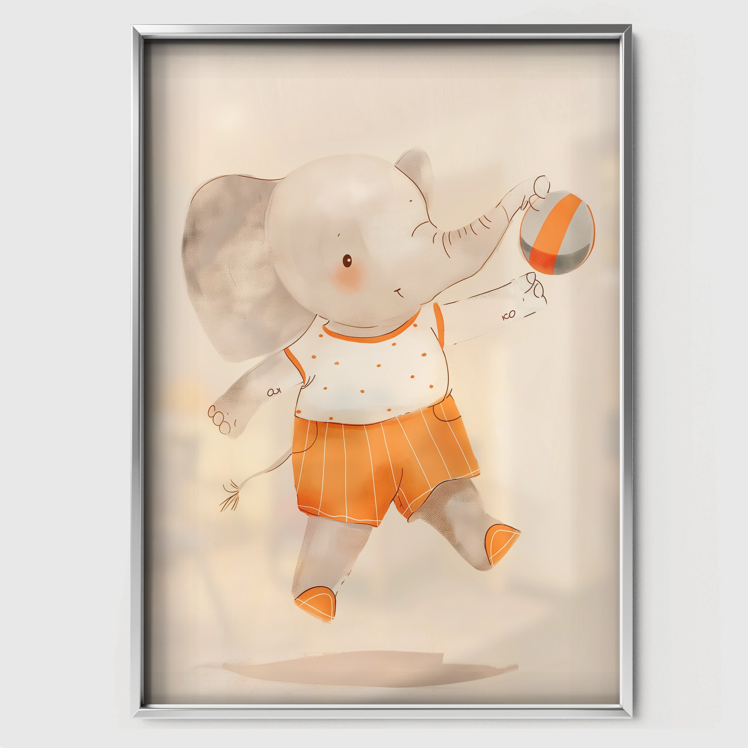 Elephant with a Ball Nursery Print - white framed nursery wall art print