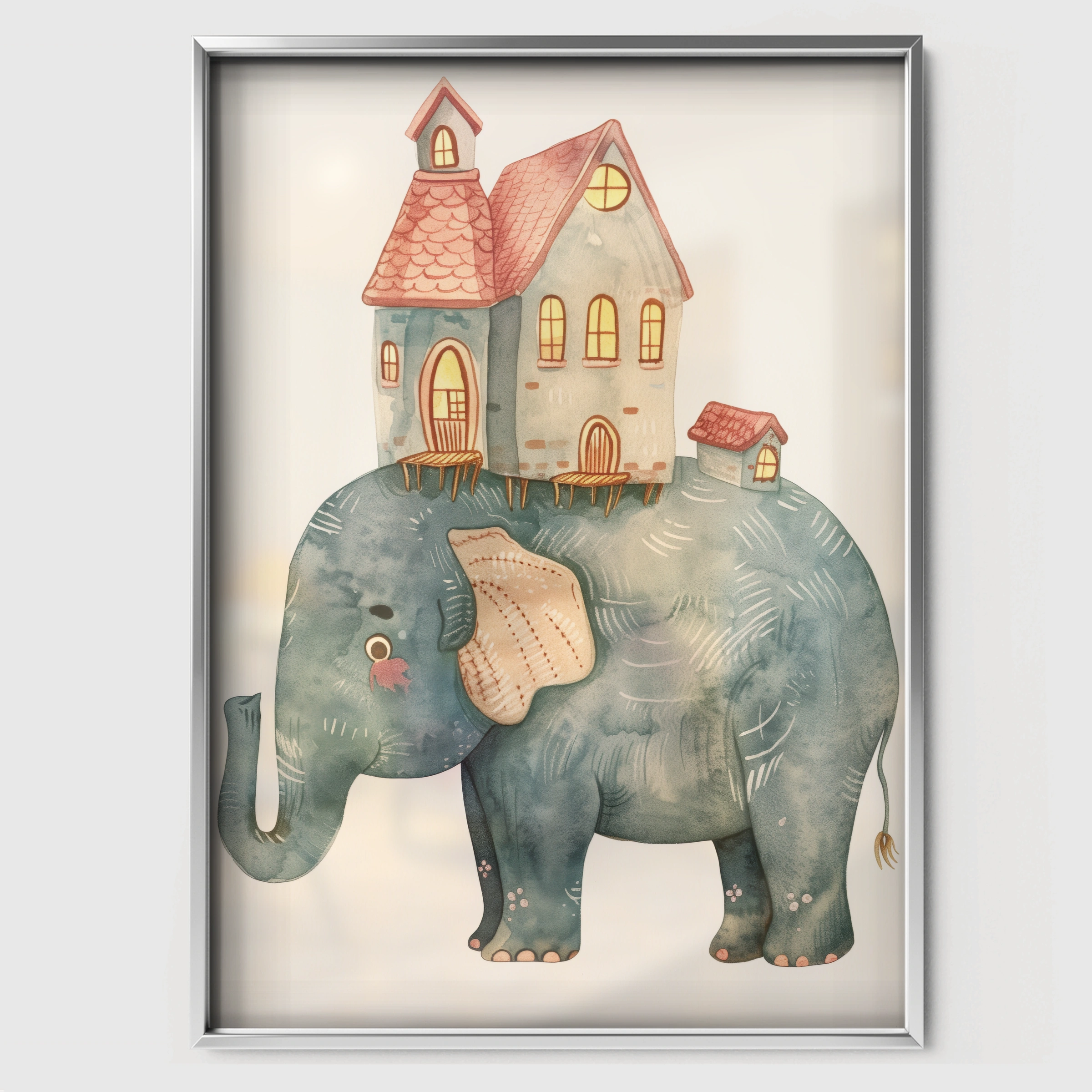 Elephant with a House Nursery Print - white framed nursery wall art print