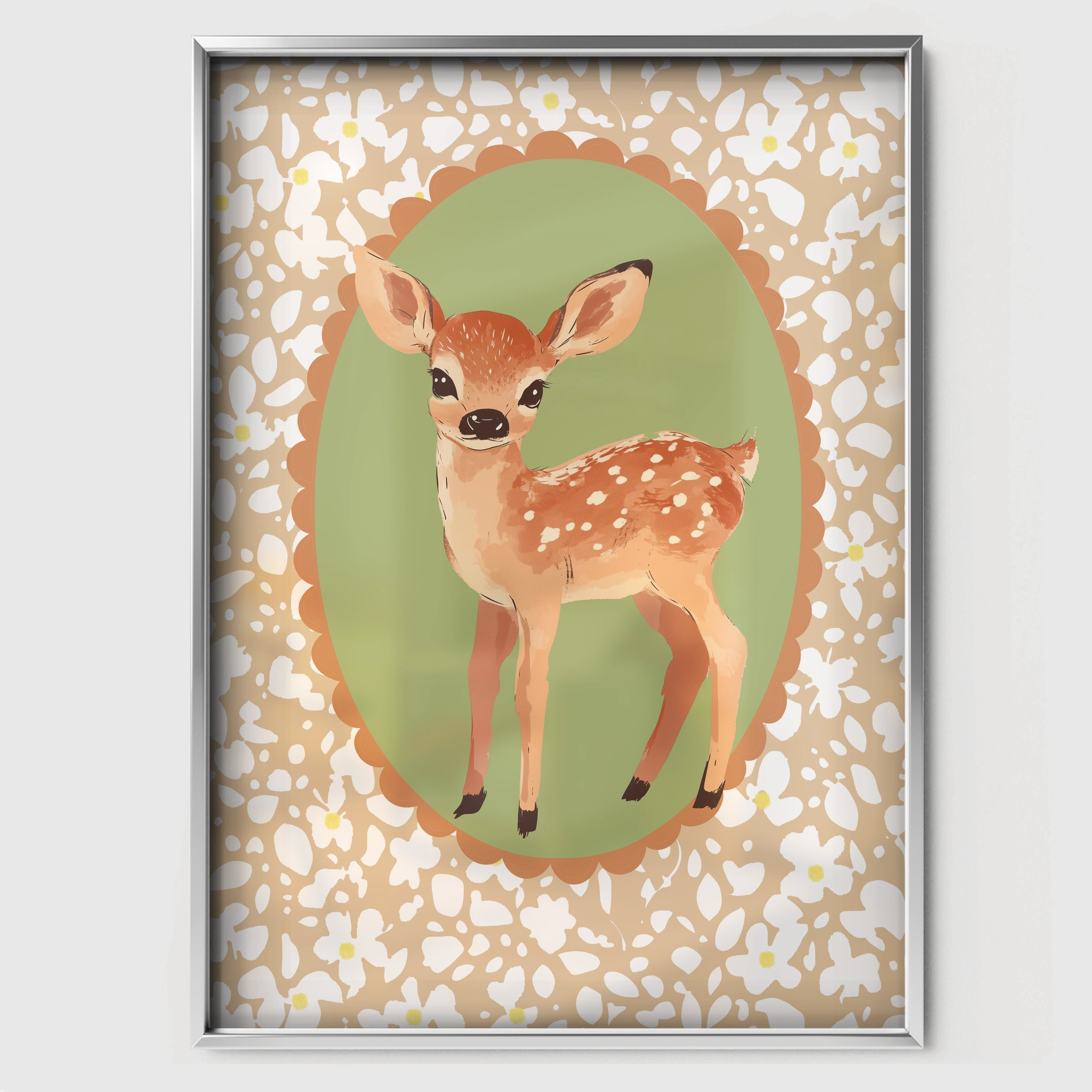 Fawn Cameo Nursery Print - white framed nursery wall art print