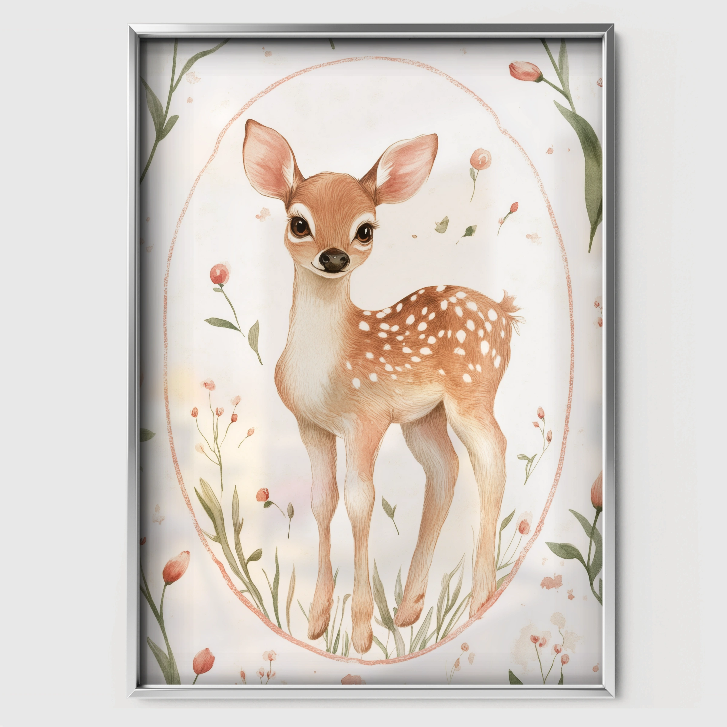Fawn in a Floral Oval Nursery Print - white framed nursery wall art print