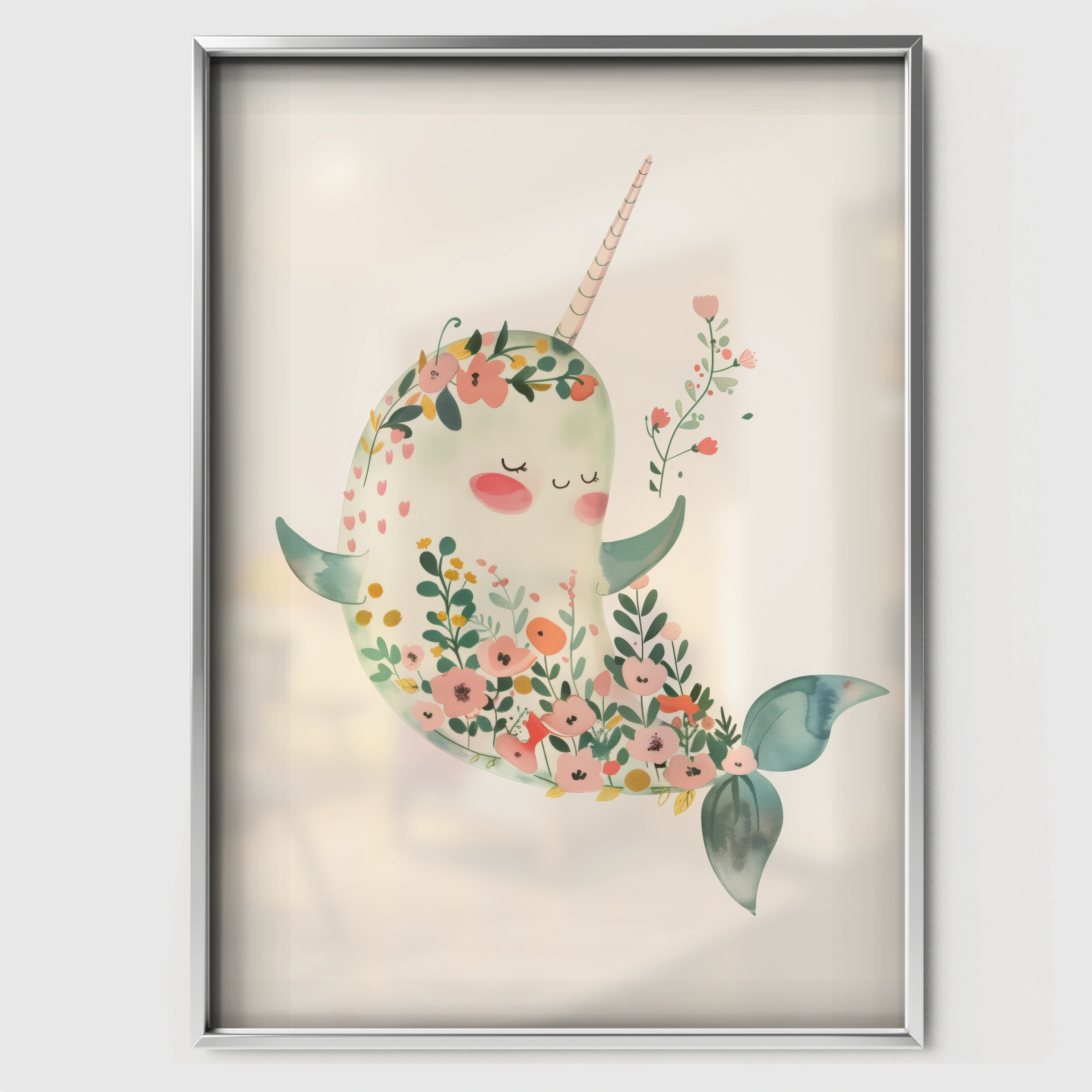 Floral Narwhal Nursery Print - white framed nursery wall art print