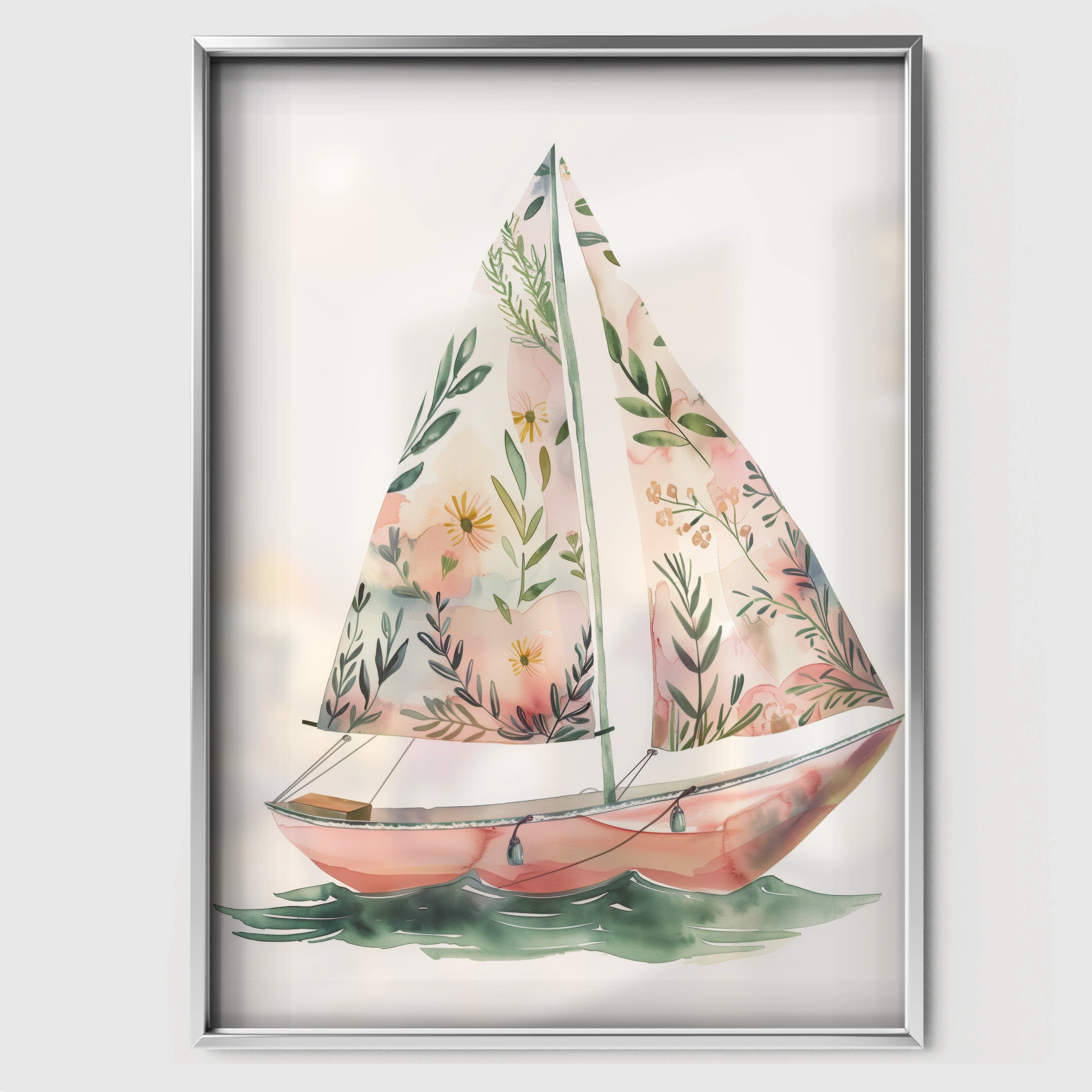 Floral Sailboat Nursery Print - white framed nursery wall art print