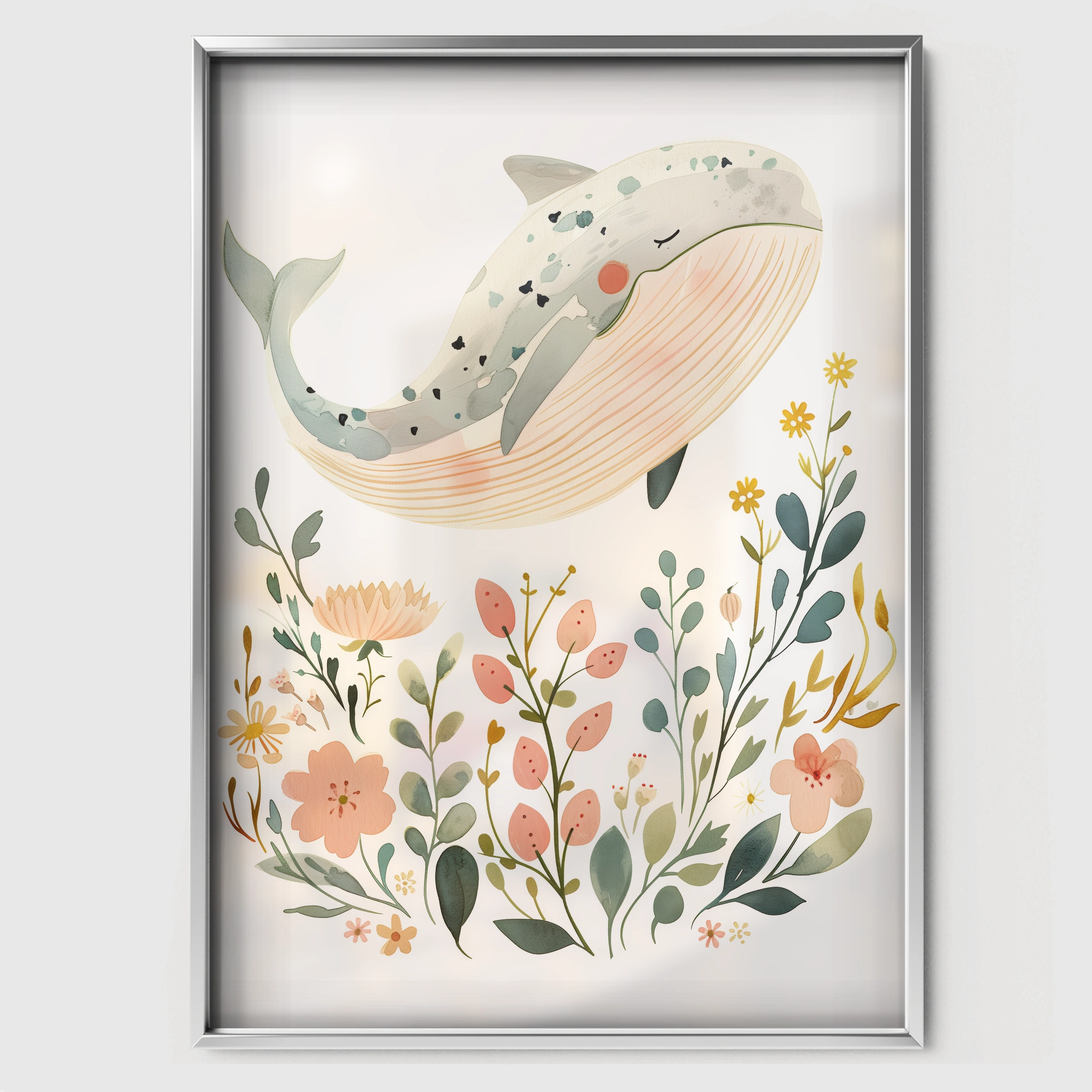 Floral Whale Nursery Print - white framed nursery wall art print