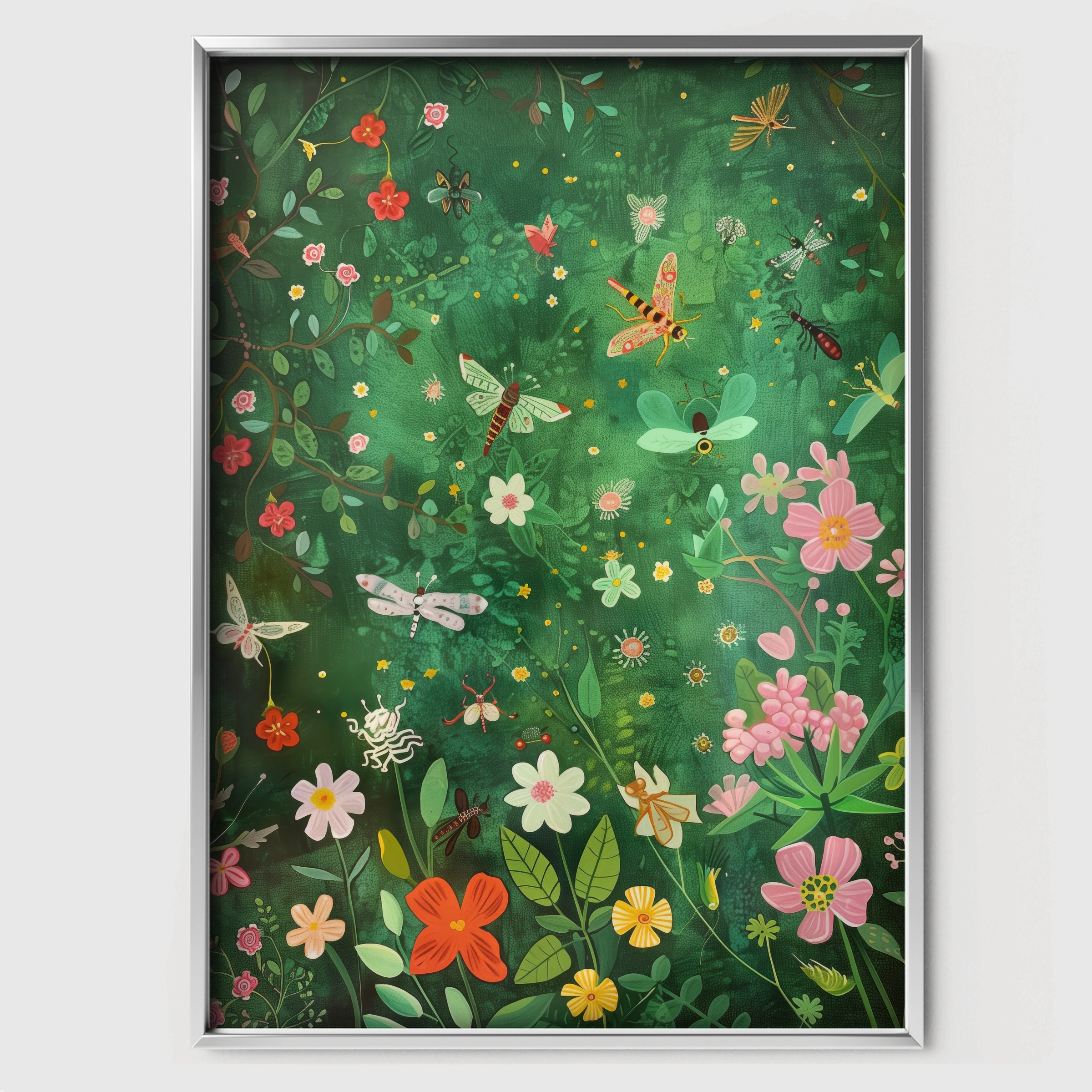 Flower and Butterfly Meadow Nursery Print - white framed nursery wall art print