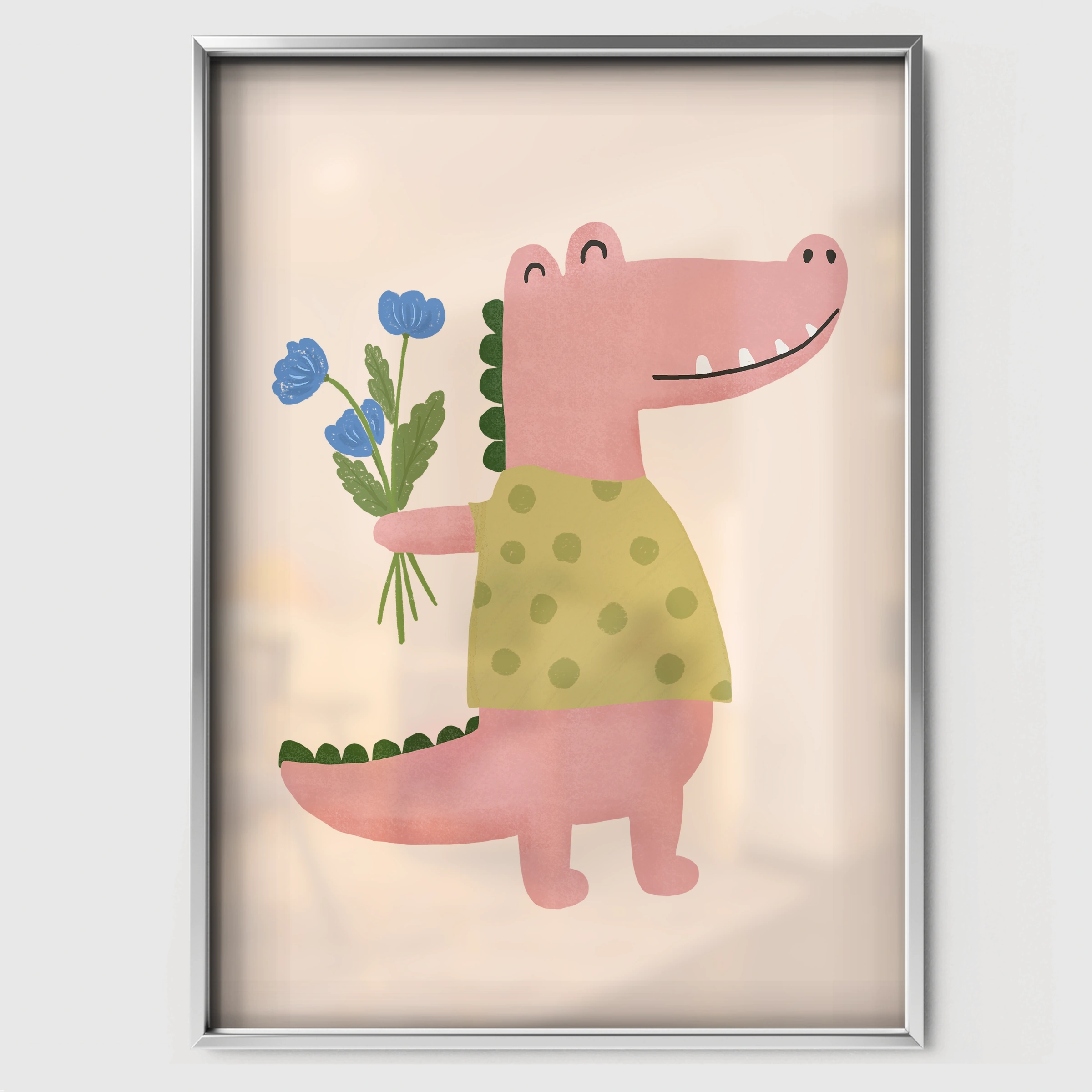 Flower Crocodile Nursery Print - white framed nursery wall art print