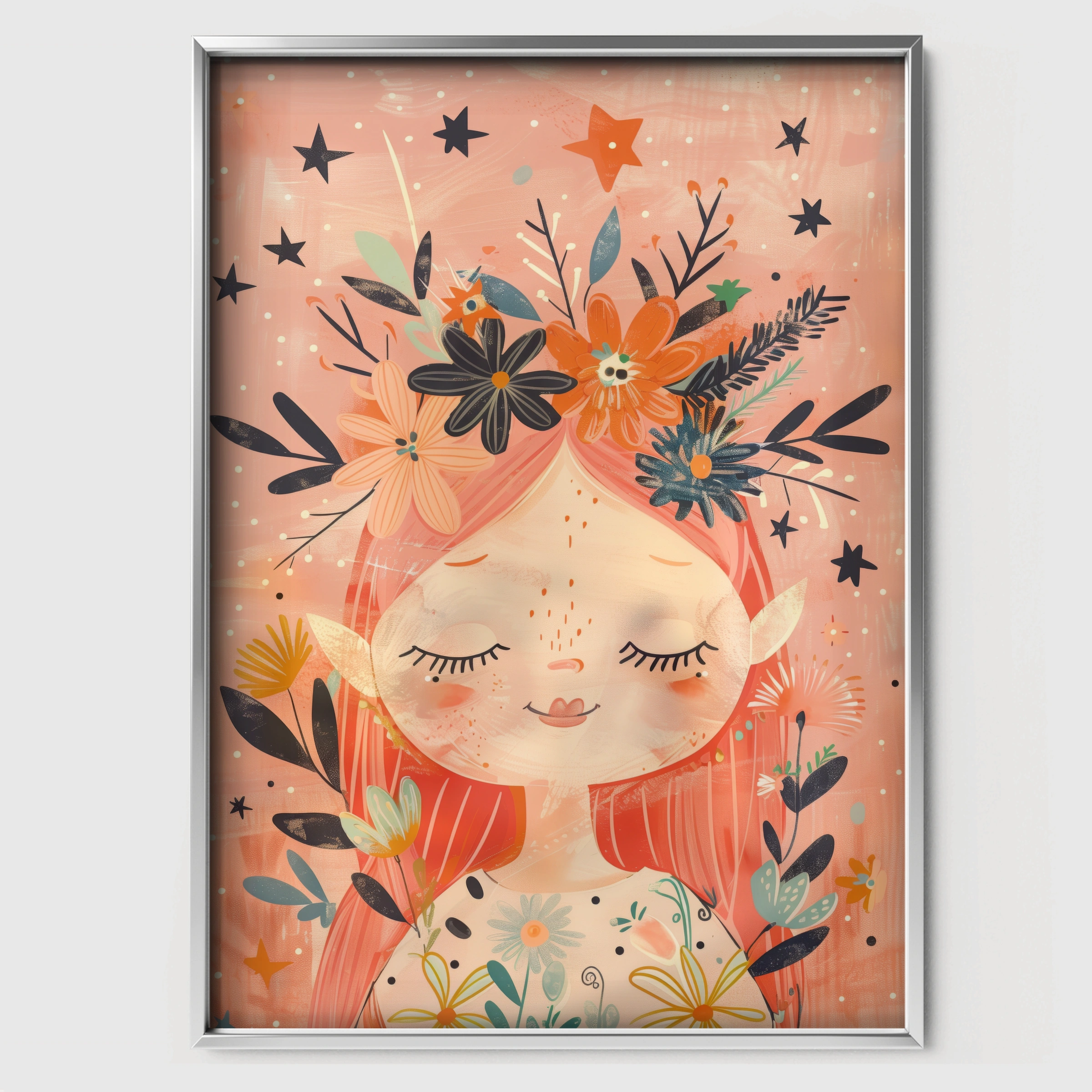 Flower Crown Girl Nursery Print - white framed nursery wall art print
