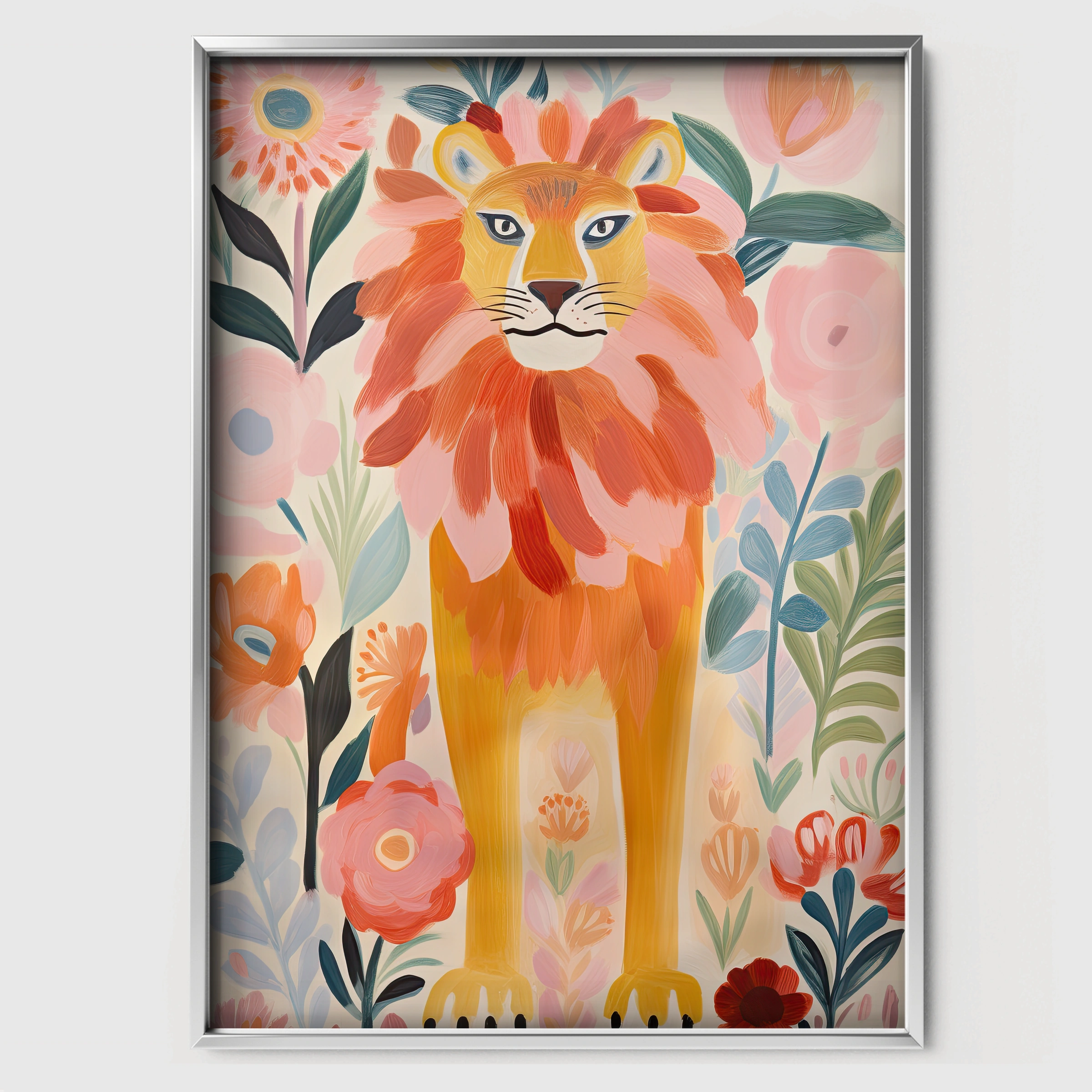 Flower Lion Nursery Print - white framed nursery wall art print