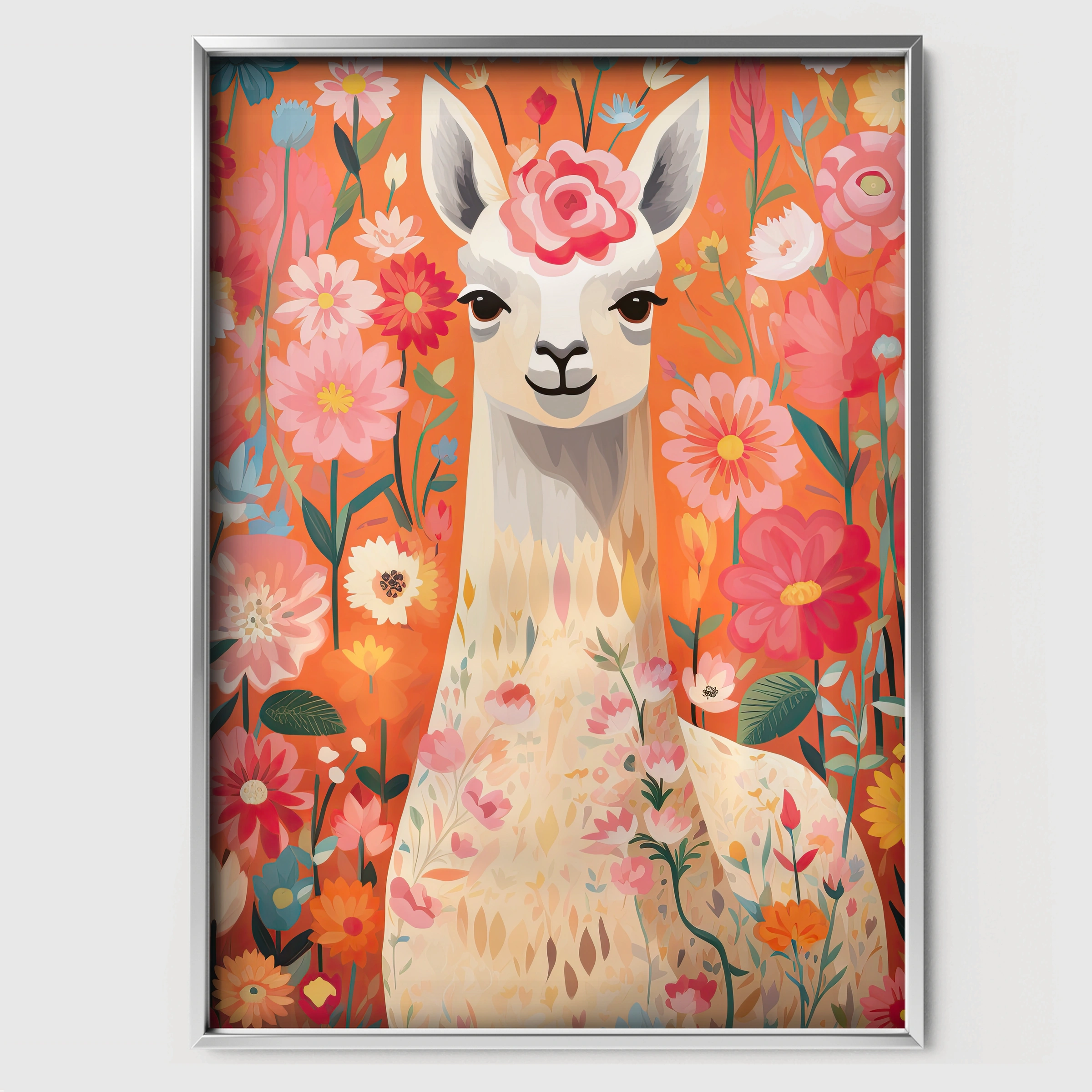 Flower Llama Nursery Print - white framed nursery wall art print