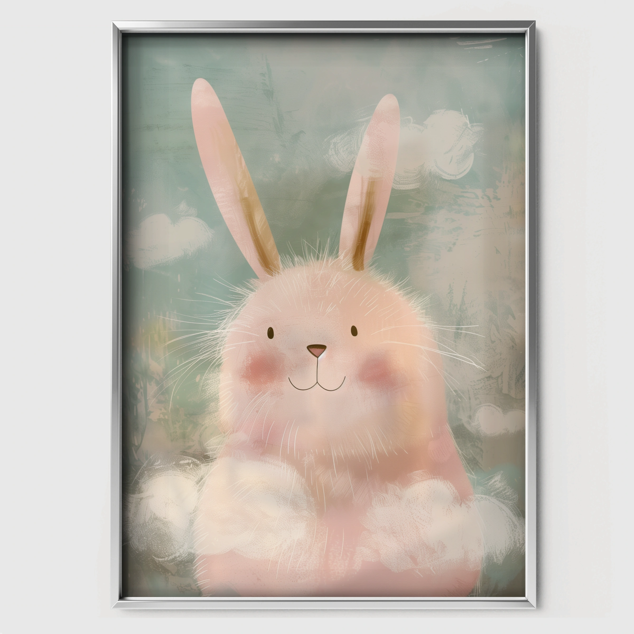 Fluffy Bunny in Clouds Nursery Print - white framed nursery wall art print