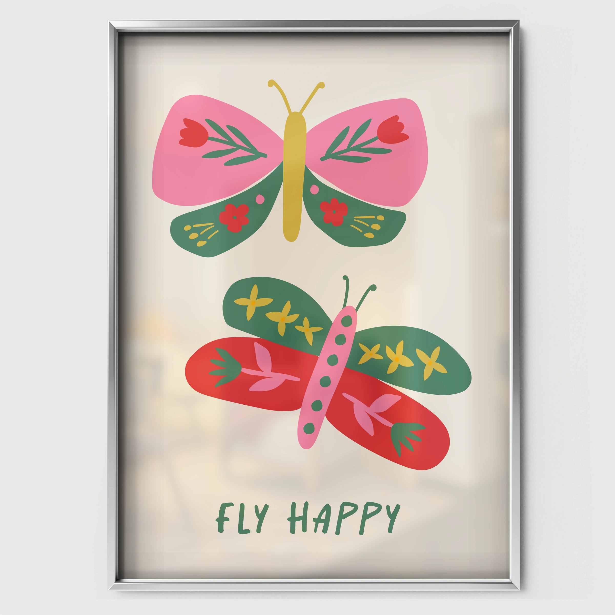 Fly Happy Butterfly Nursery Print - white framed nursery wall art print