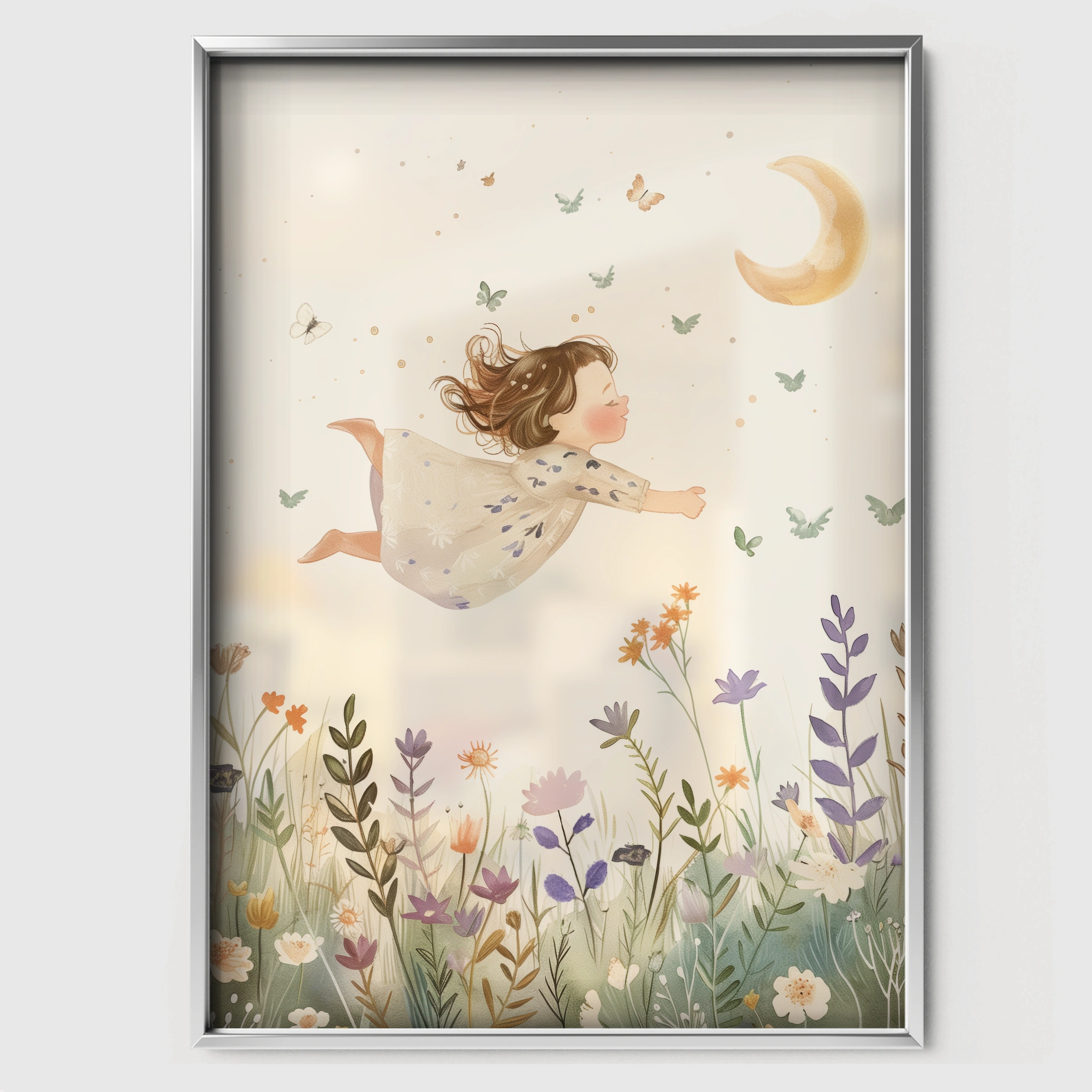 Flying Fairy Girl Nursery Print - white framed nursery wall art print