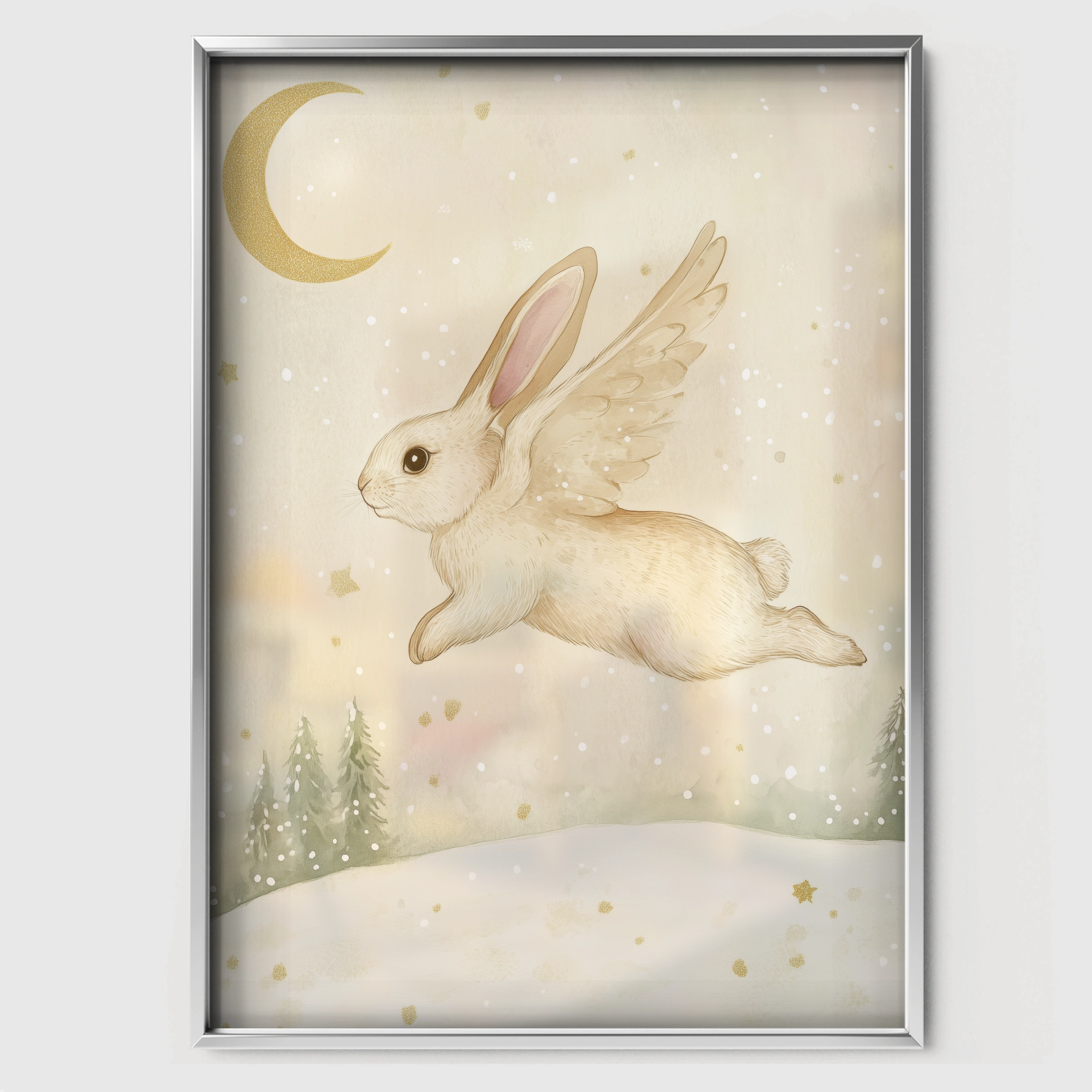 Flying Rabbit and Moon Christmas Print - white framed nursery wall art print