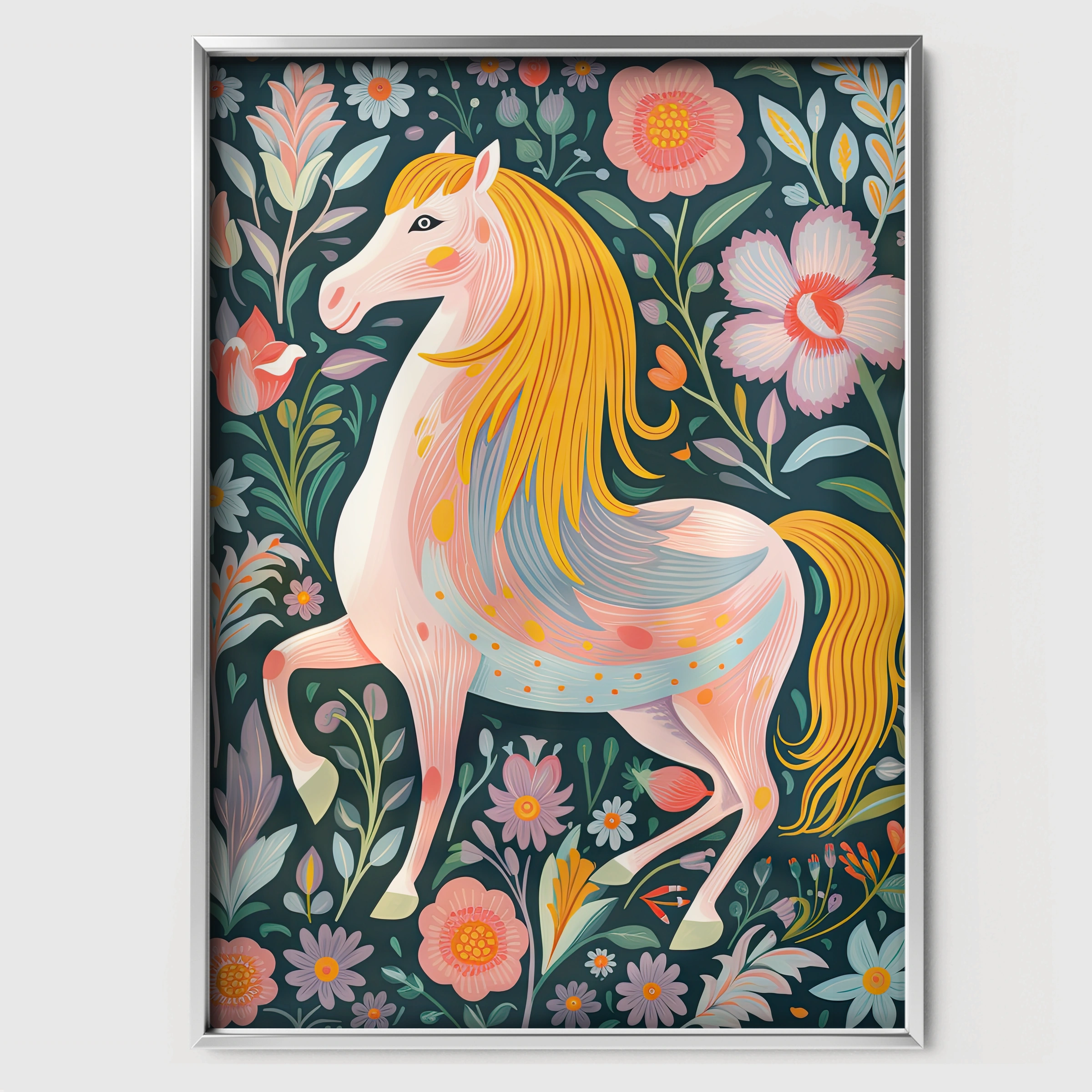 Folk Flower Horse Nursery Print - white framed nursery wall art print