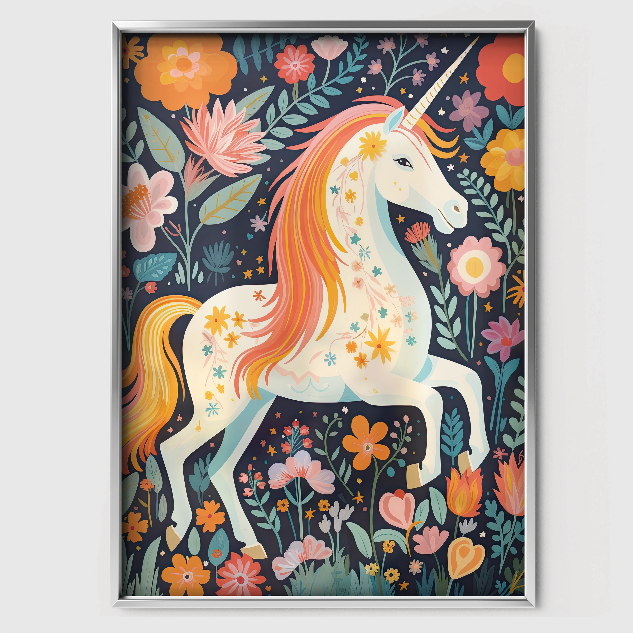 Folk Flower Unicorn Nursery Print - white framed nursery wall art print