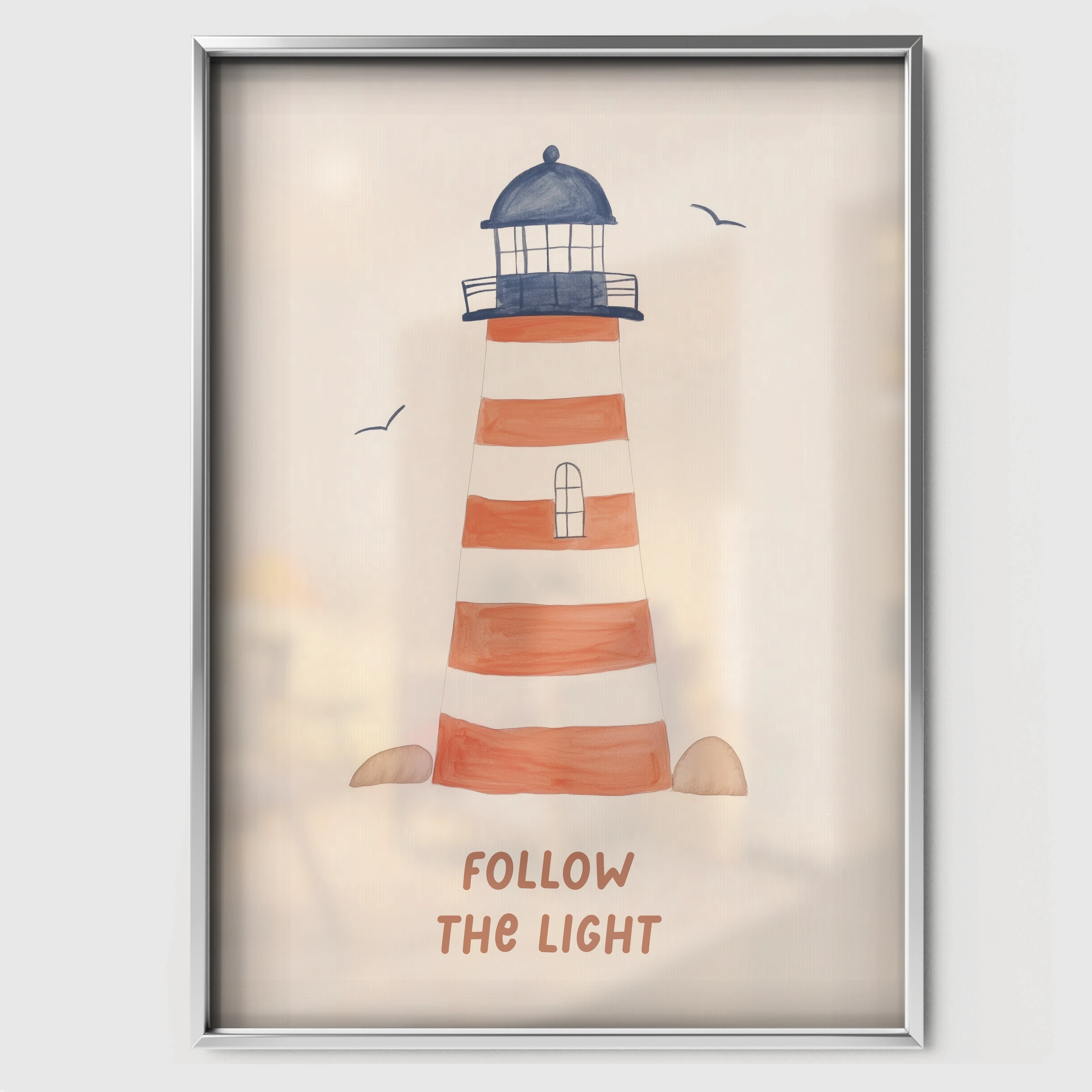 Follow The Light Lighthouse Nursery Print - white framed nursery wall art print