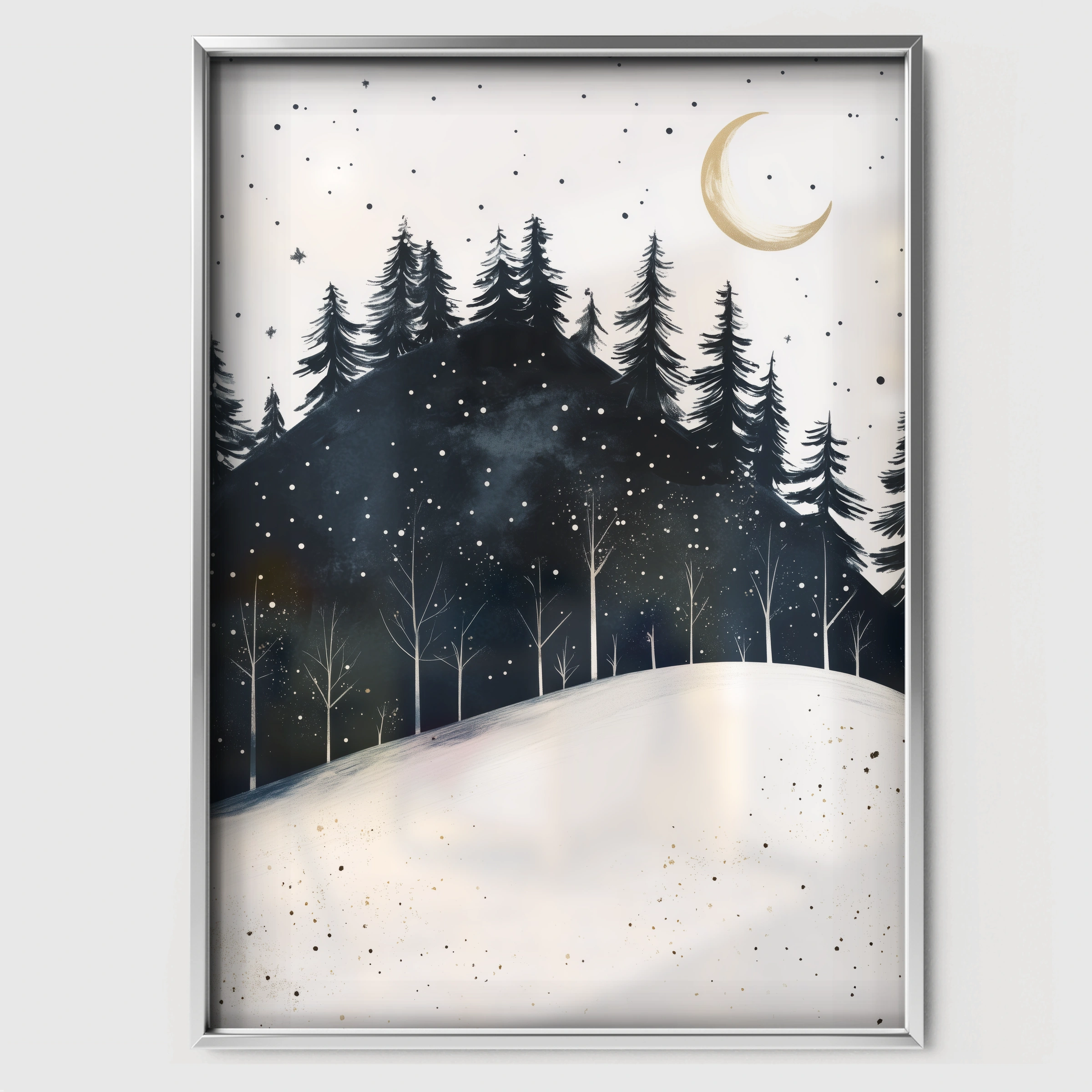 Forest at Night Christmas Print - white framed nursery wall art print