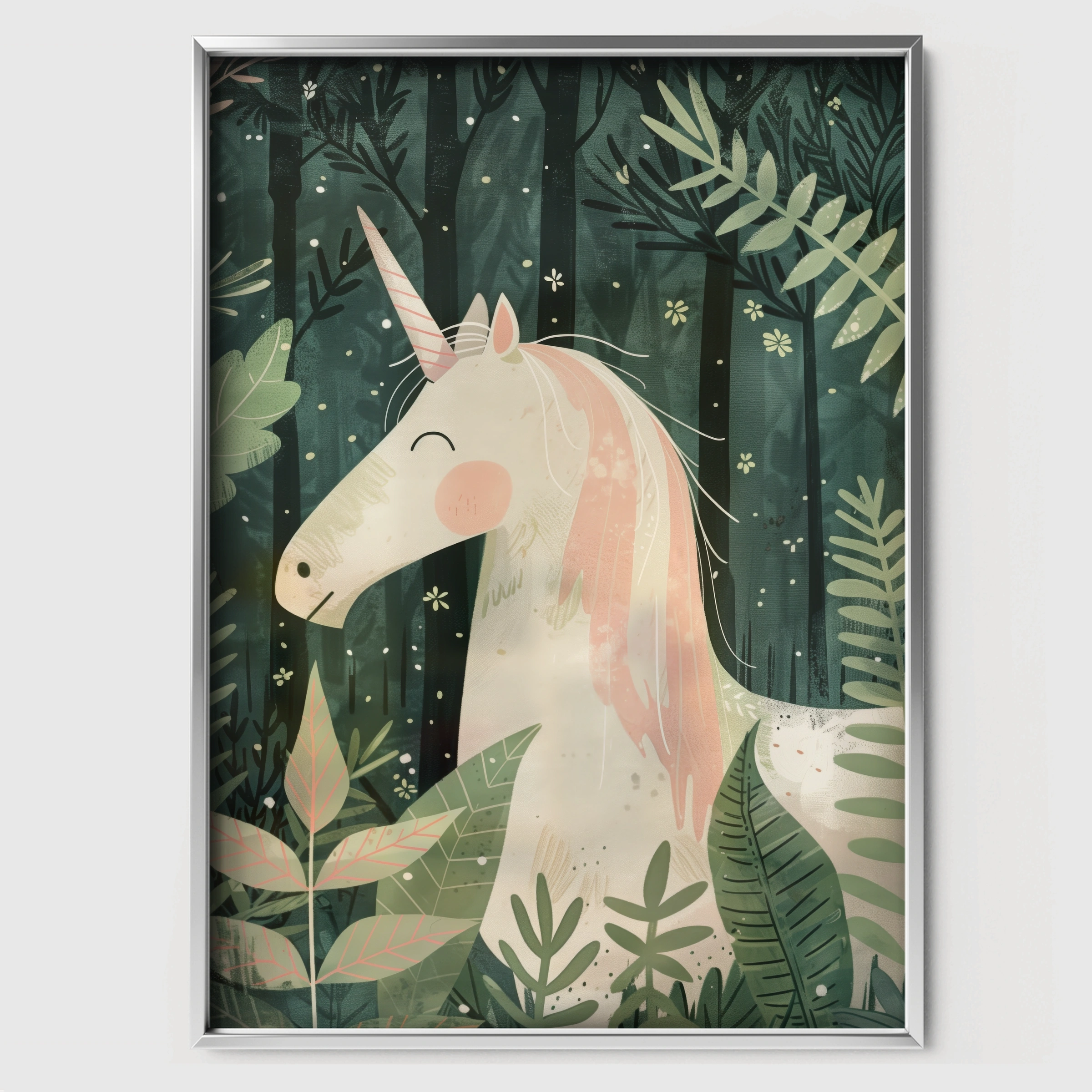 Forest Unicorn Nursery Print - white framed nursery wall art print