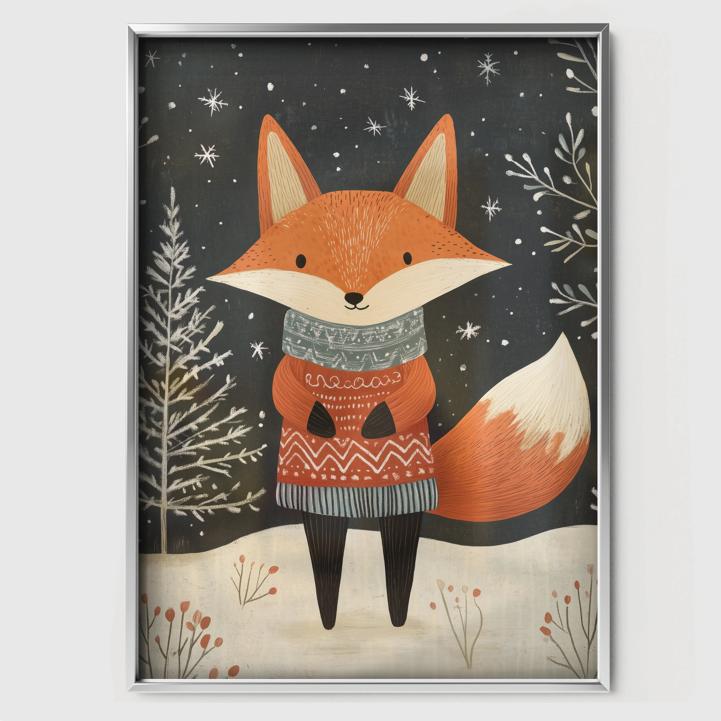 Fox in a Sweater Christmas Print - white framed nursery wall art print