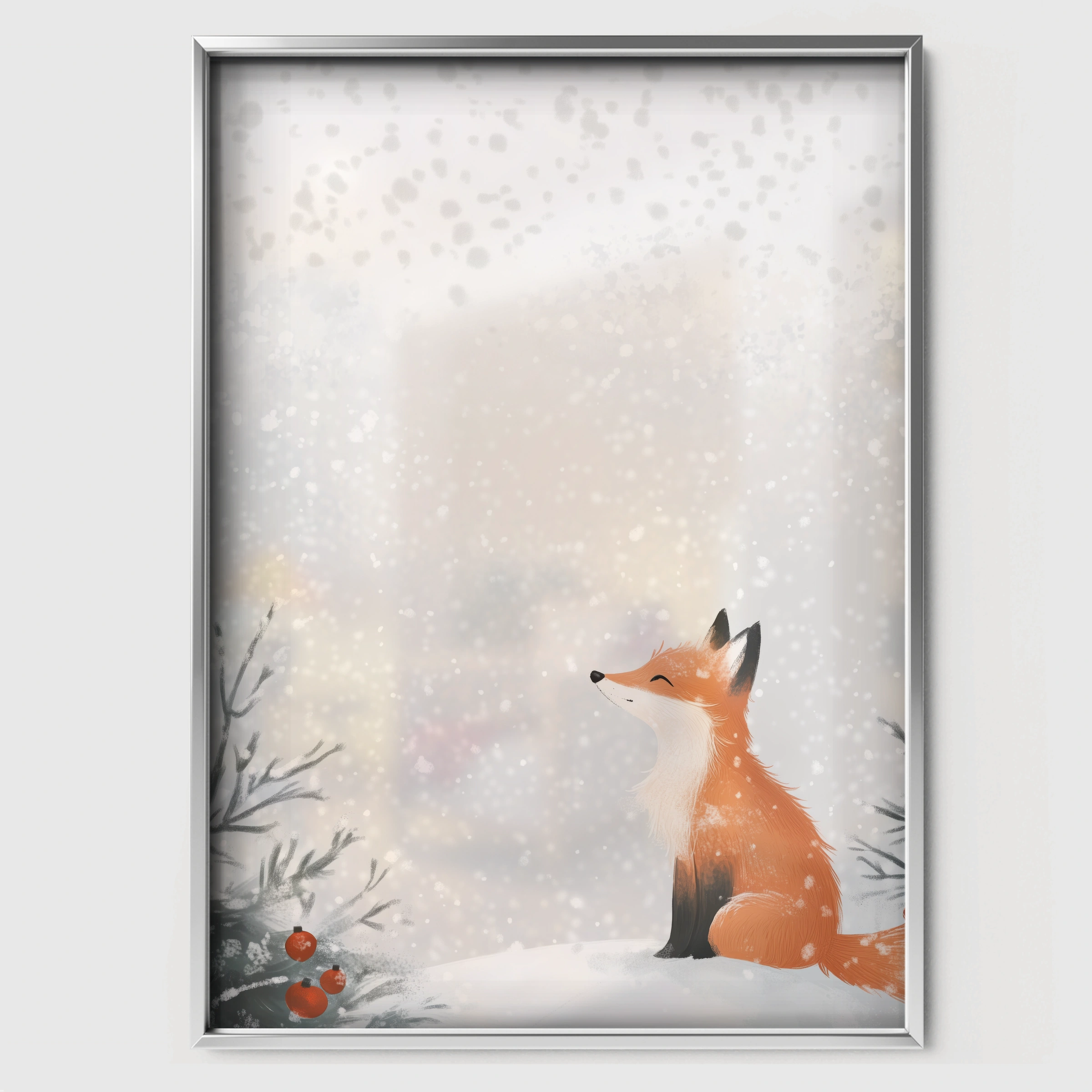 Fox in the Snow Christmas Print - white framed nursery wall art print