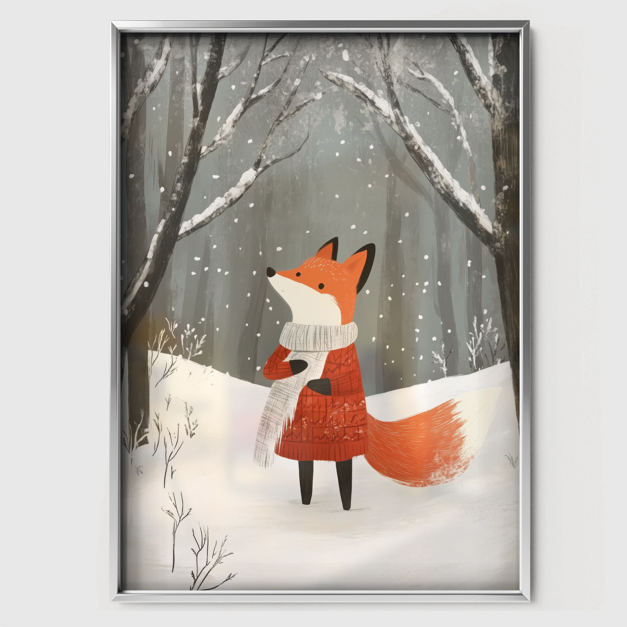 Fox in the Winter Forest Christmas Print - white framed nursery wall art print