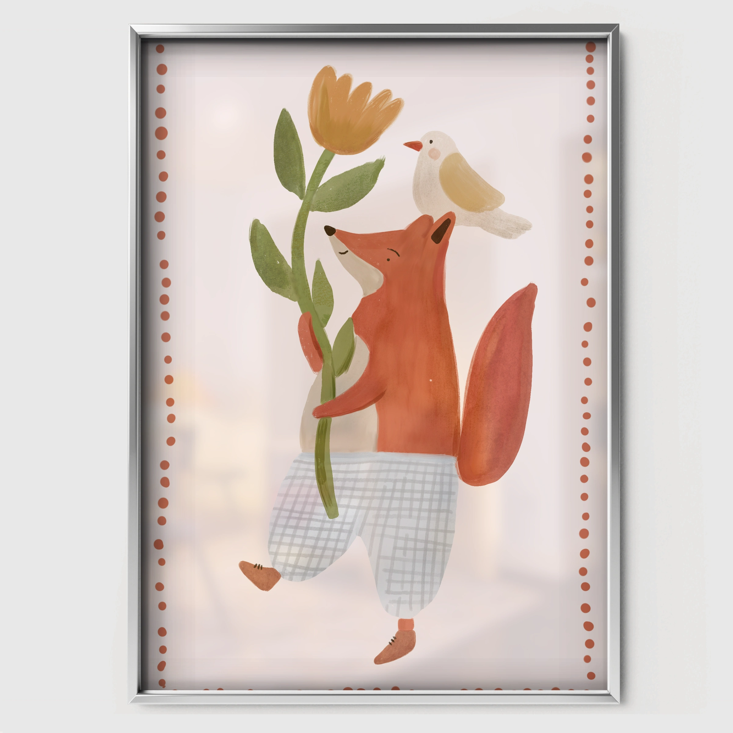 Fox with Flowers Nursery Print - white framed nursery wall art print