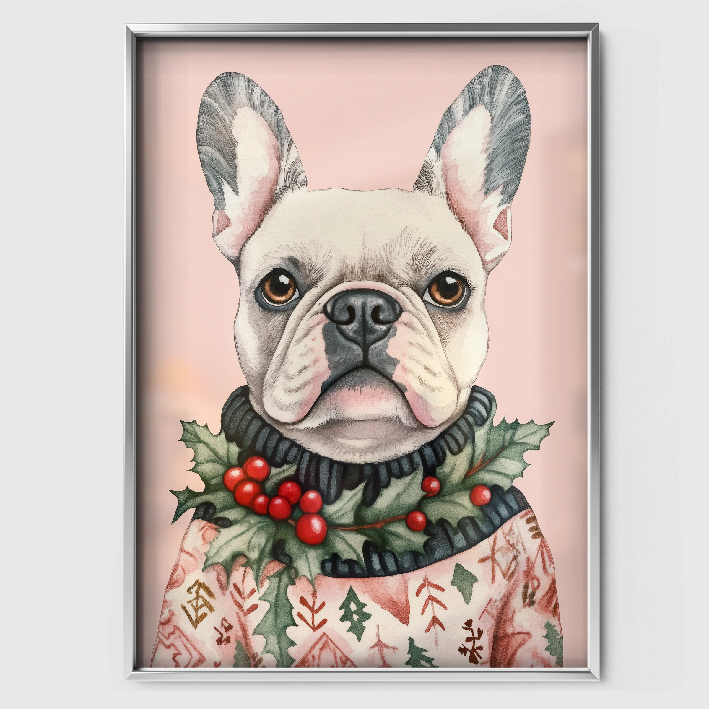 French Bulldog with a Wreath Christmas Print - white framed nursery wall art print