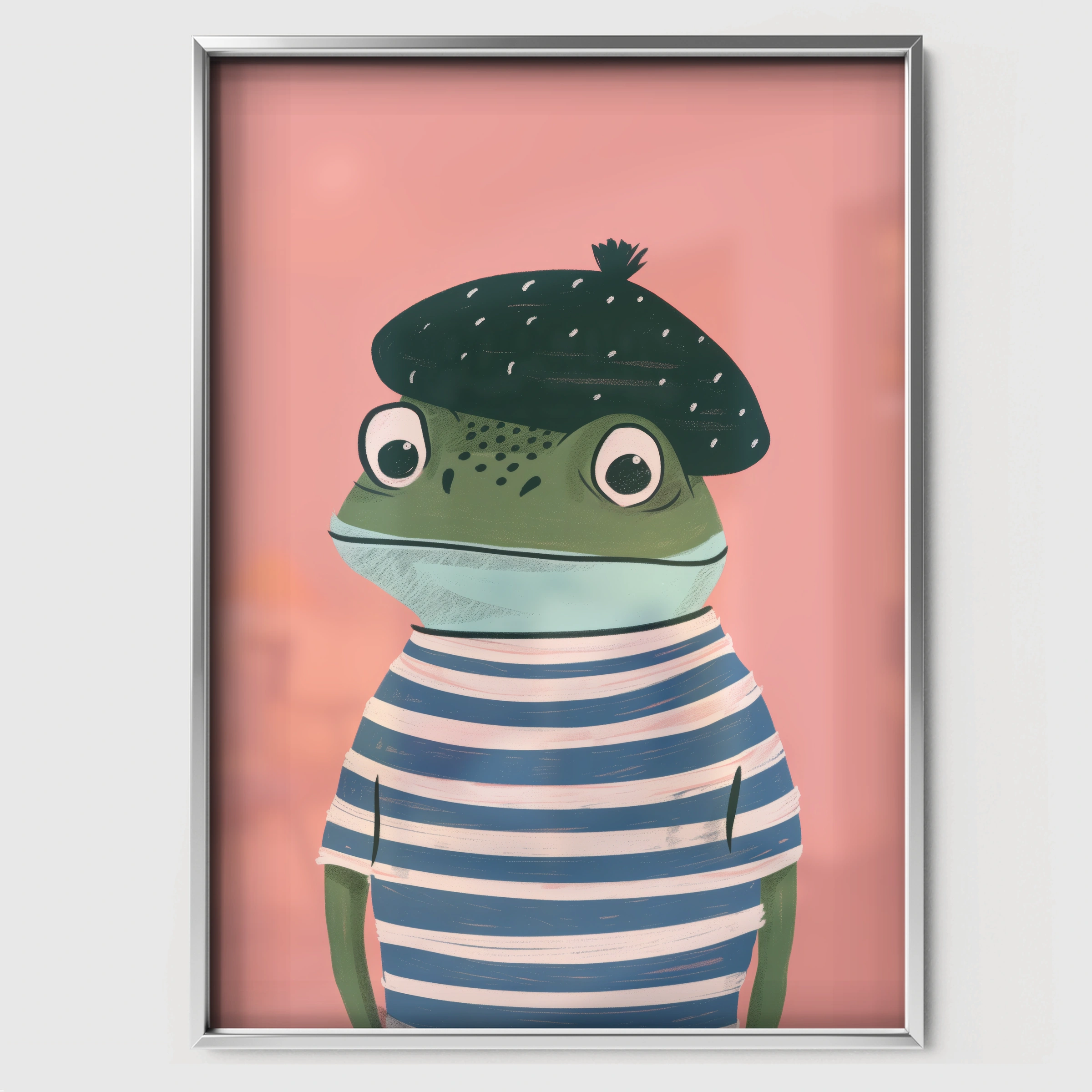 Frog in a Striped Top Nursery Print - white framed nursery wall art print