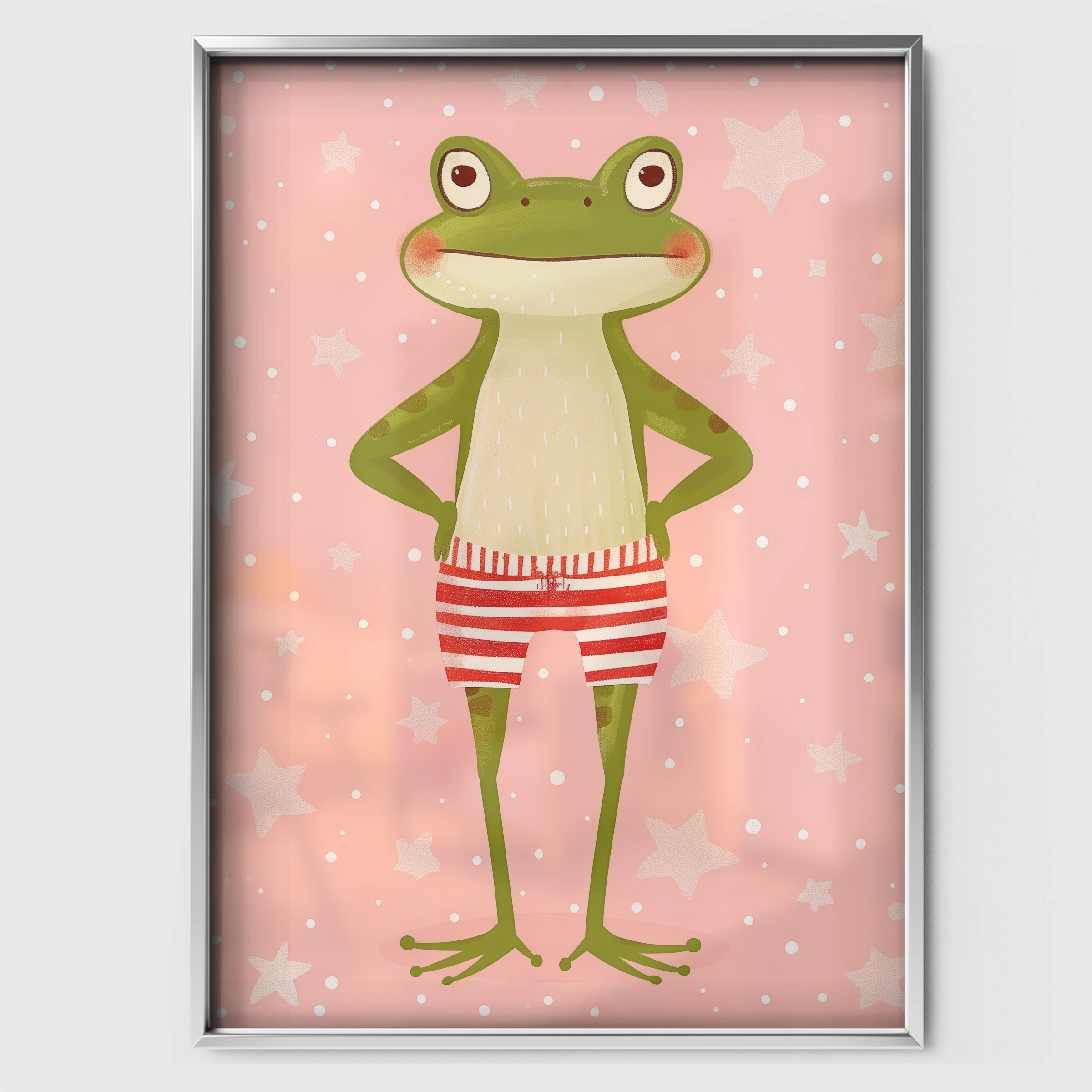 Frog in Swim Trunks Nursery Print - white framed nursery wall art print