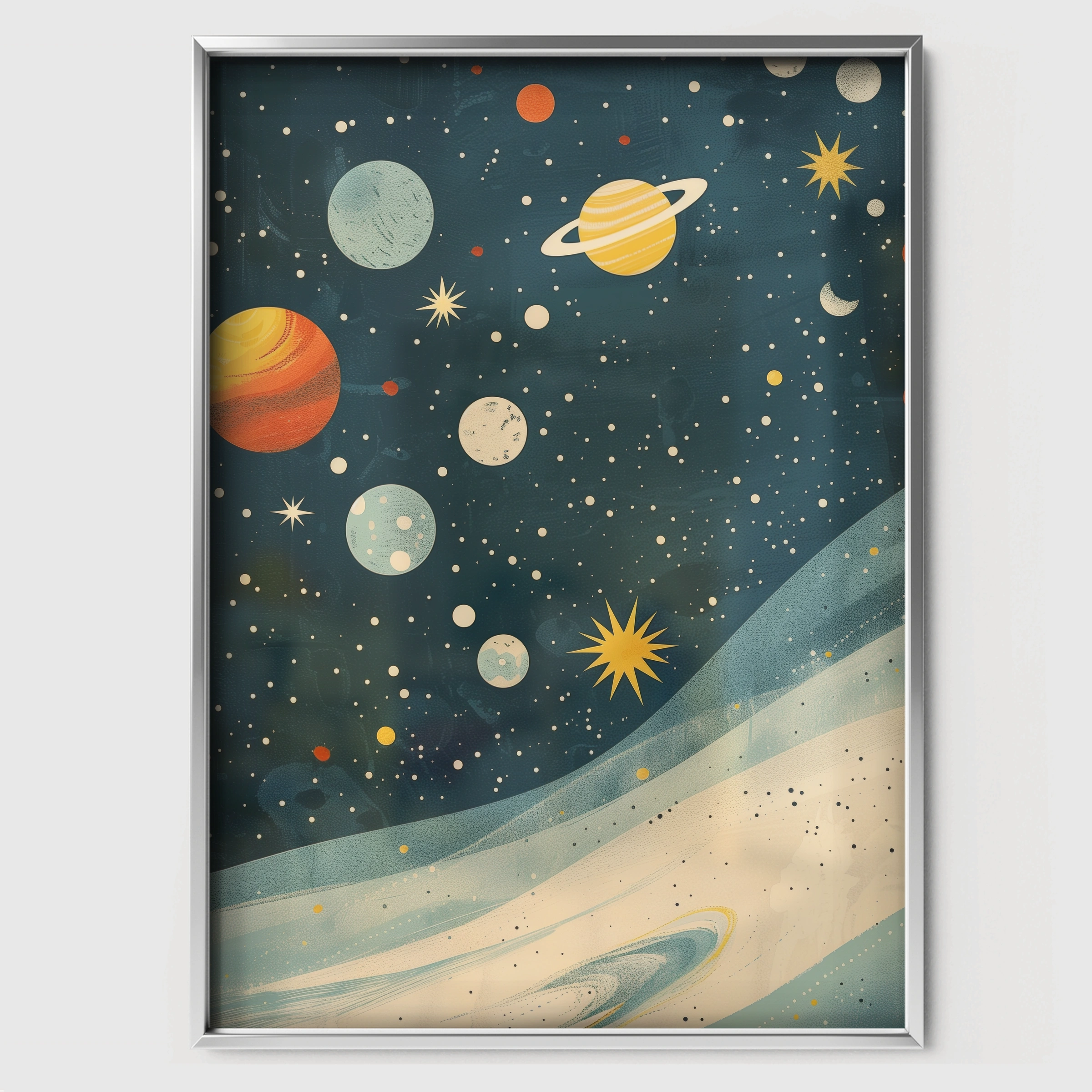 Galaxy Planets Nursery Print - white framed nursery wall art print