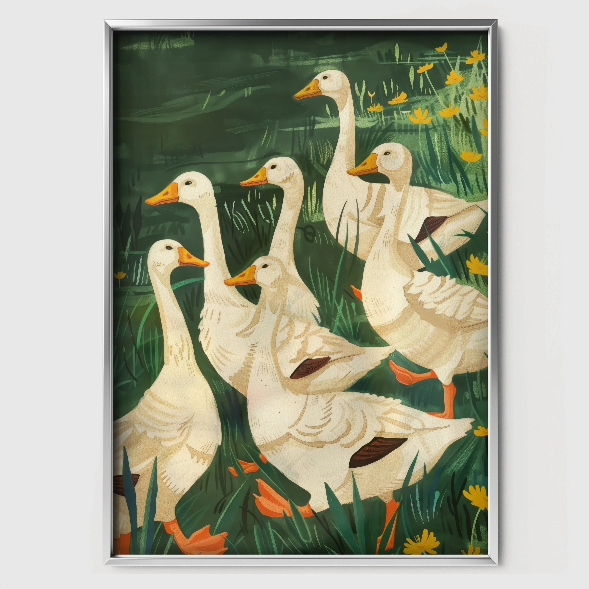 Geese in the Meadow Nursery Print - white framed nursery wall art print