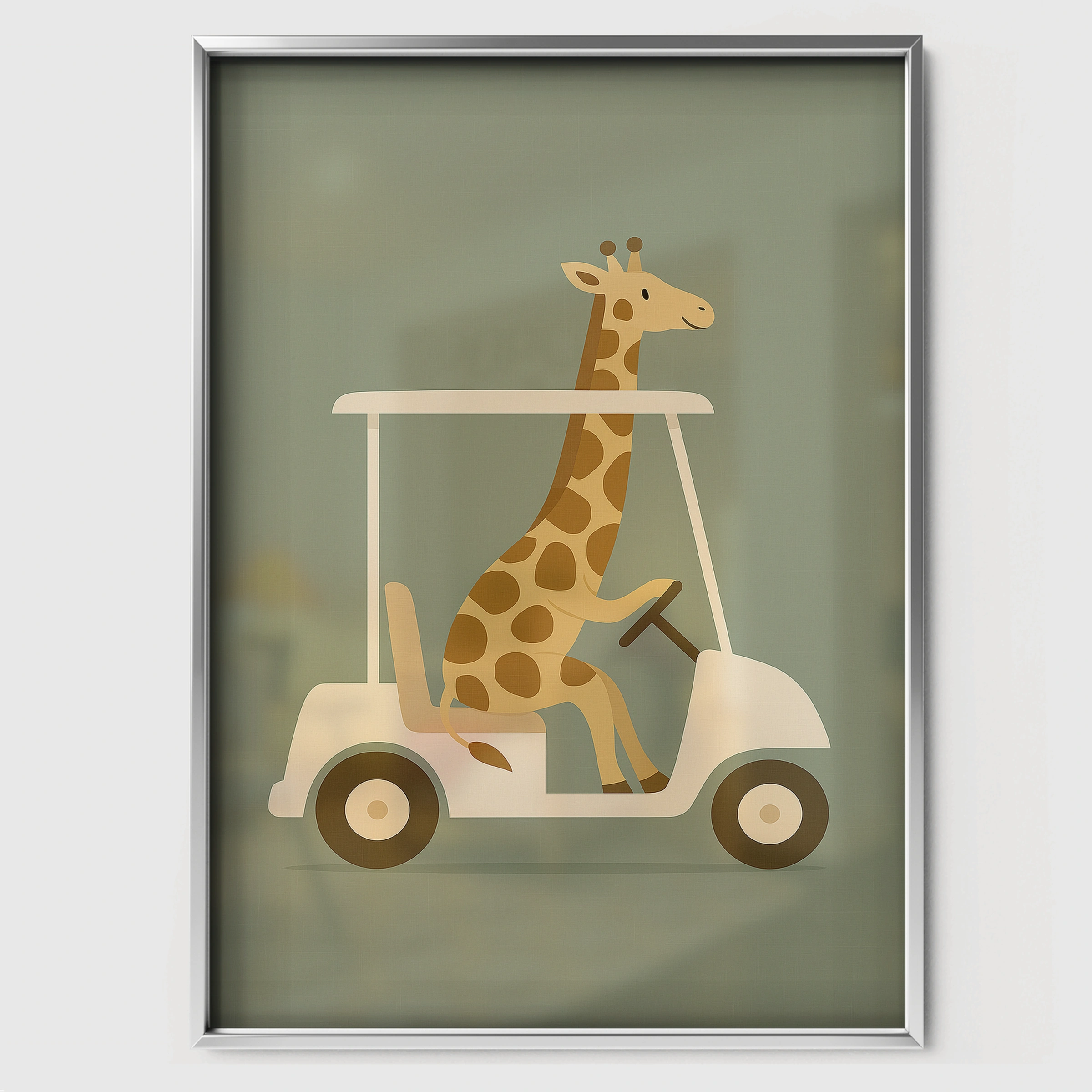 Giraffe Golf Cart Nursery Print - white framed nursery wall art print