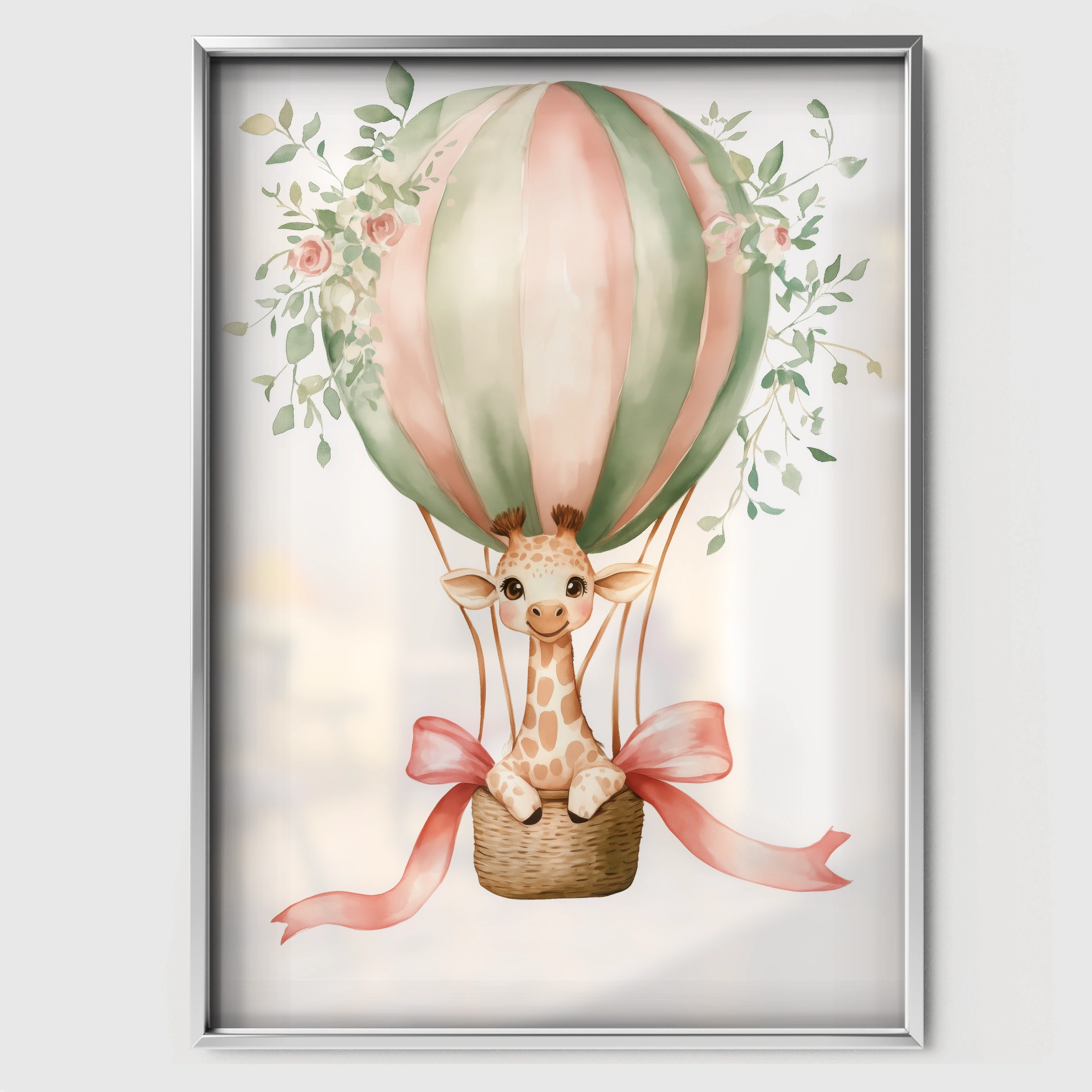 Giraffe Hot Air Balloon Nursery Print - white framed nursery wall art print