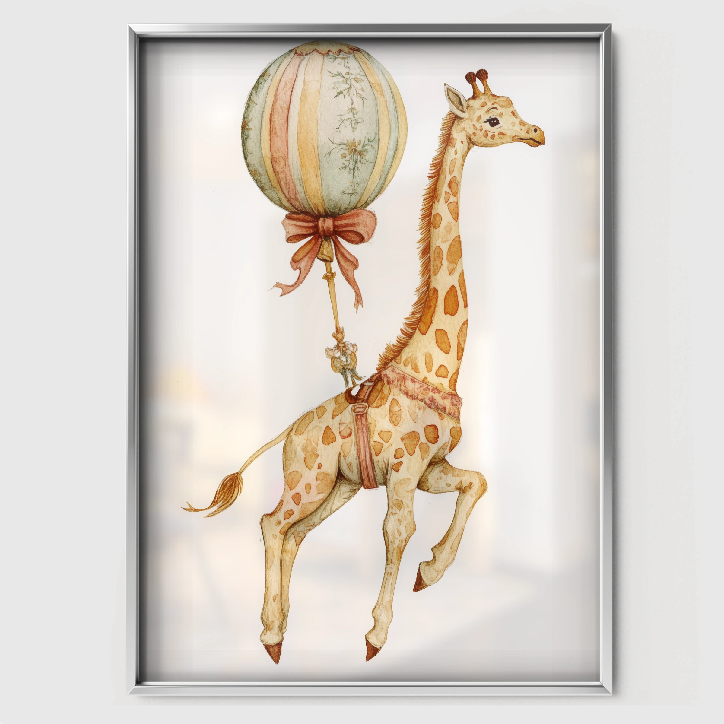 Giraffe with a Balloon Nursery Print - white framed nursery wall art print