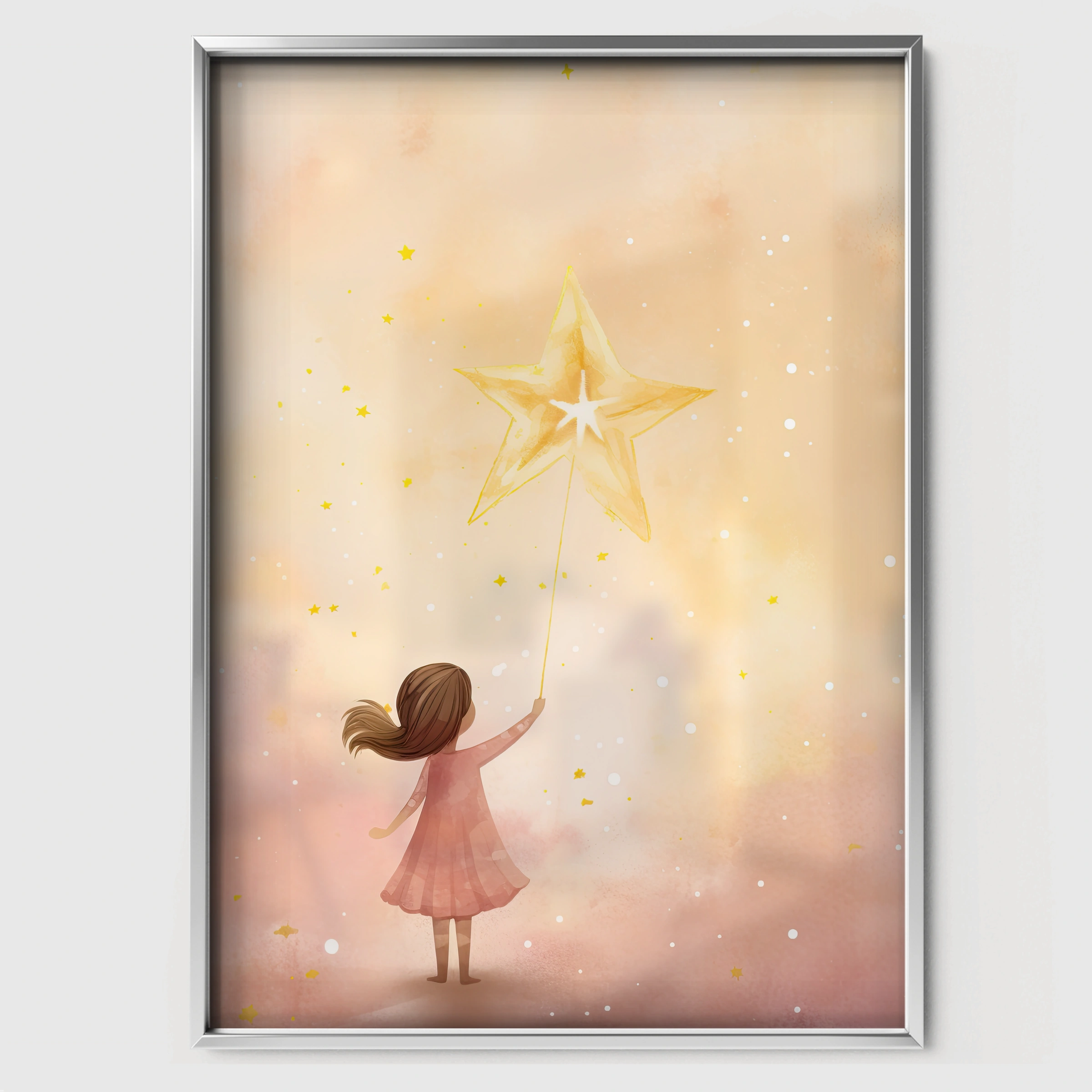 Girl and a Star Nursery Print - white framed nursery wall art print