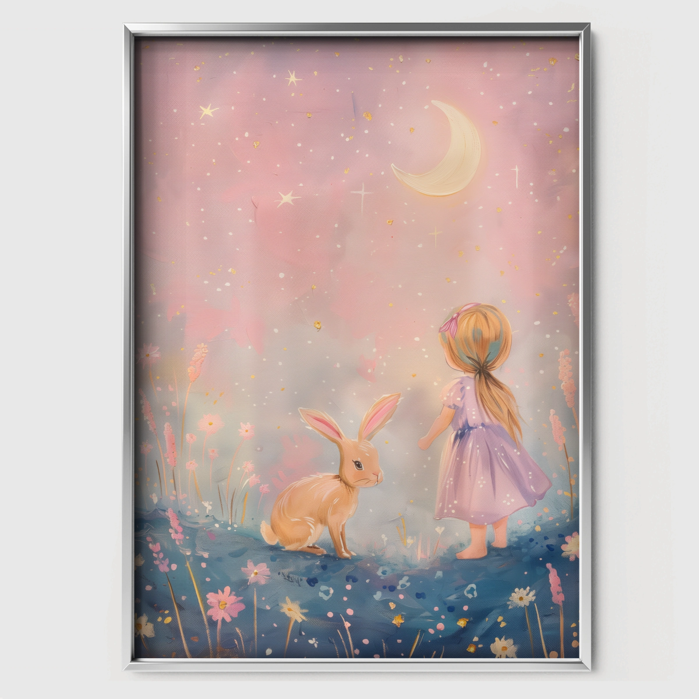 Girl and Bunny at Night Nursery Print - white framed nursery wall art print