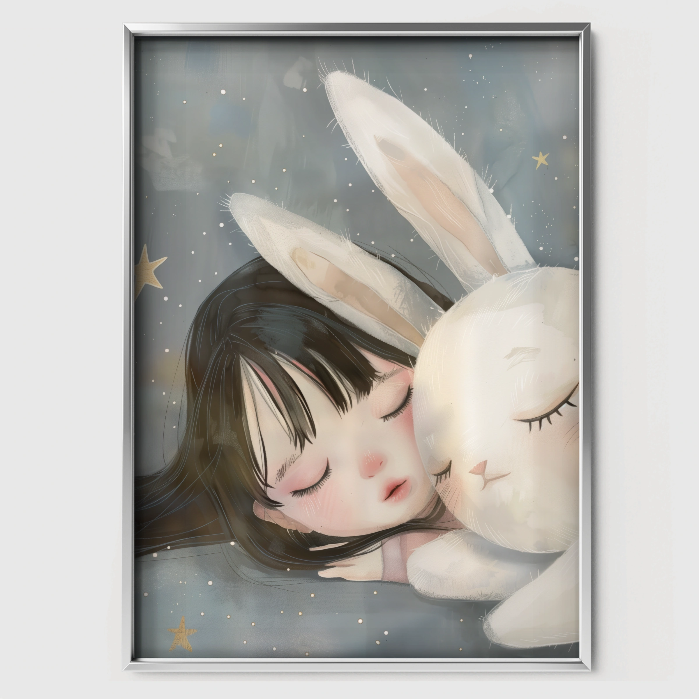 Girl and Bunny Sleeping Nursery Print - white framed nursery wall art print