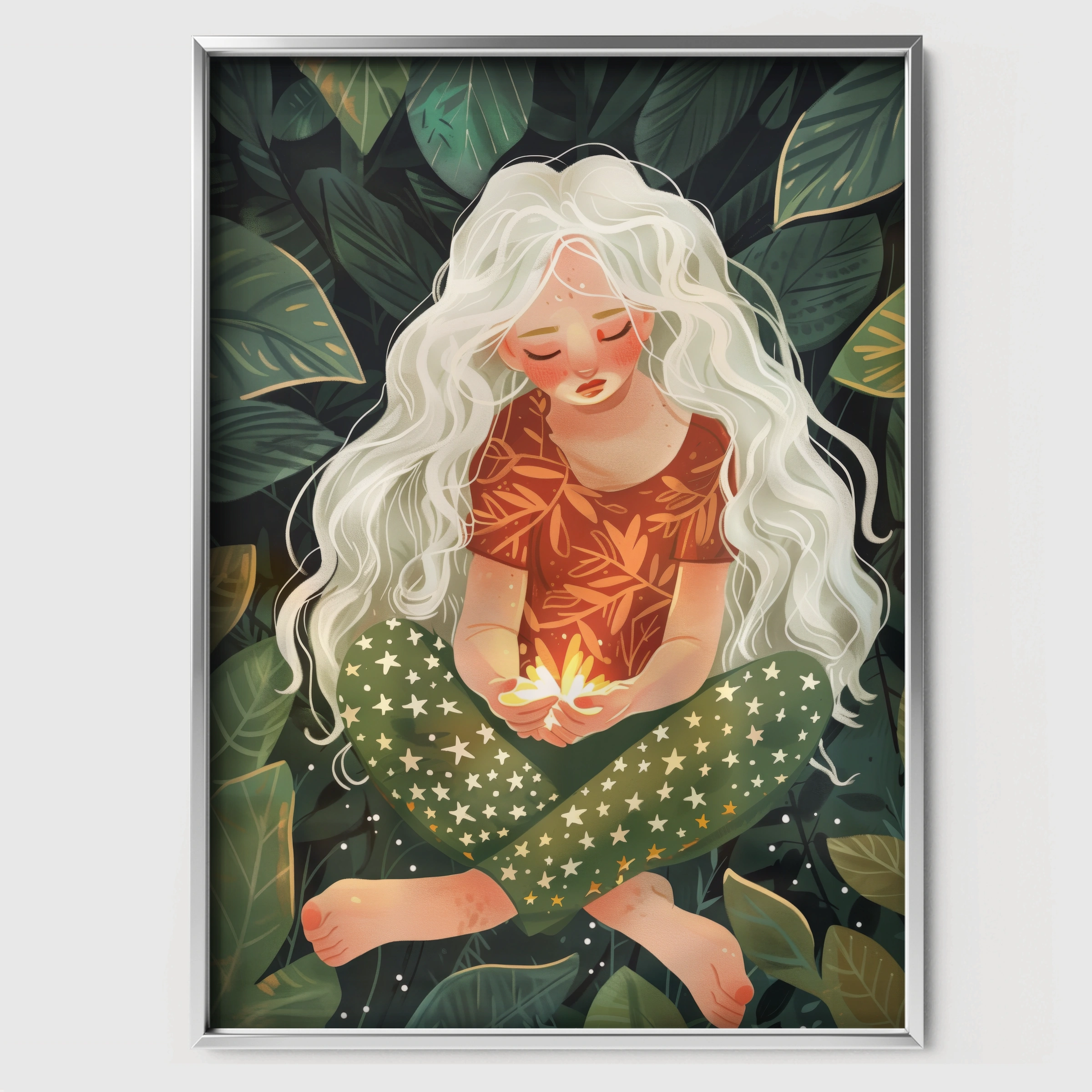 Girl and Fireflies Nursery Print - white framed nursery wall art print