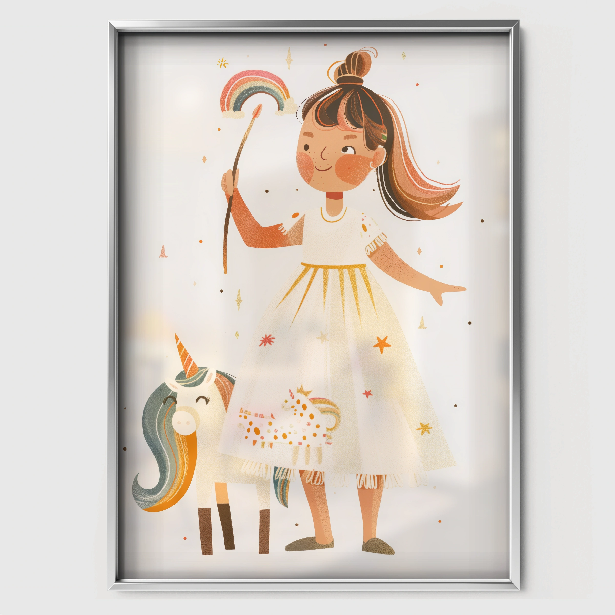 Girl and Her Unicorn Nursery Print - white framed nursery wall art print